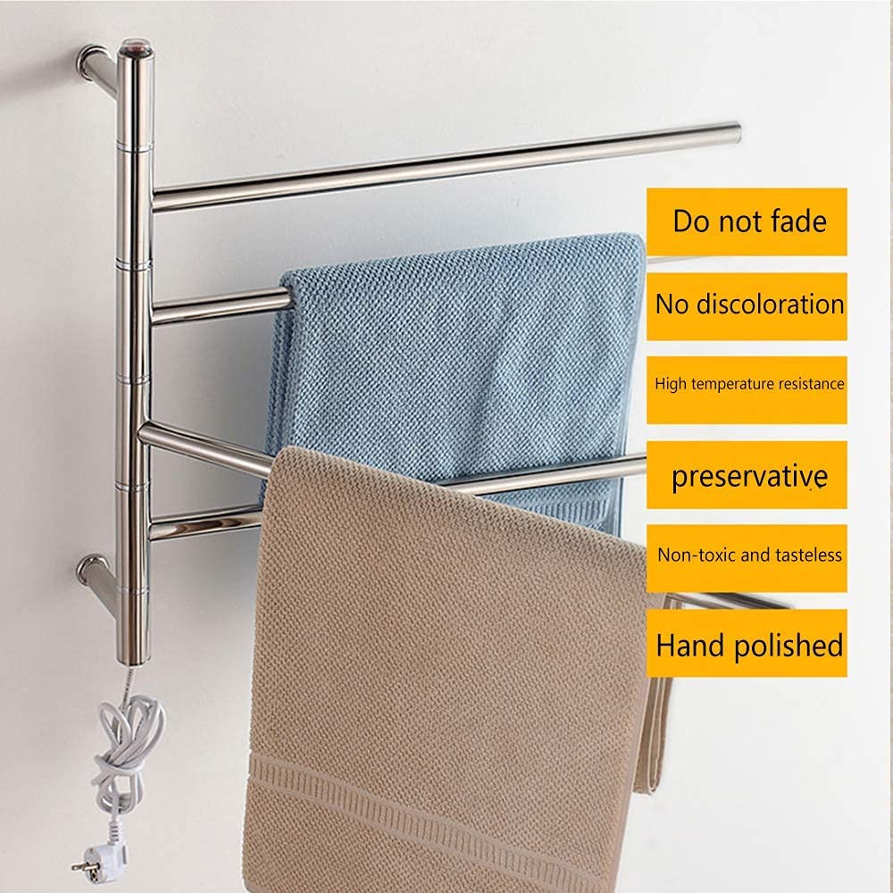 Premium Stainless Steel Towel Warmer for Bathroom - Wall Mounted, Hardwired & Plug-in 4-Bar Heated Towel Rack with Timer (51W, Silver) - Perfect for Spa, Luxury Hotels & Cozy Home Bathrooms