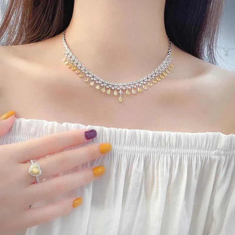 18K White Gold Luxury Diamond Necklace for Women - 31g Elegant Real Natural Yellow Diamond Pendant - Perfect for Senior Banquets, Weddings & Special Occasions