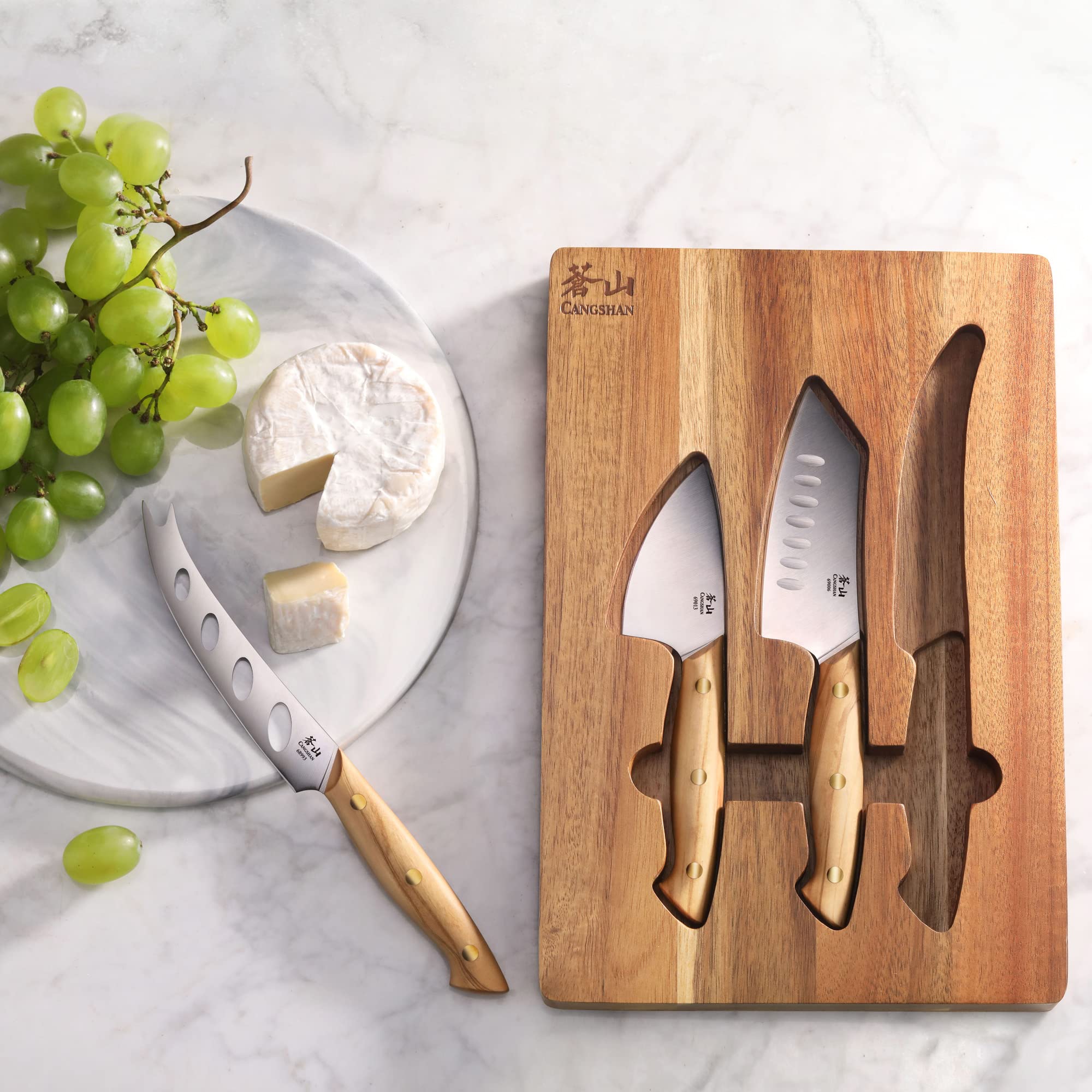 Cangshan 3-Piece Olive Wood Cheese Knife Set with Acacia Wood Cheese Board - Perfect for Wine Tasting, Charcuterie Boards & Entertaining Guests