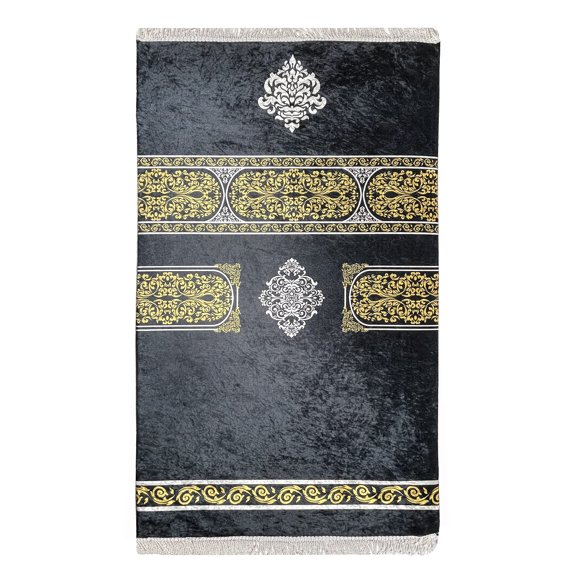 Premium Turkish Islamic Prayer Rug - Thick Padded Comfortable Muslim Prayer Mat for Men & Women | Large Luxury Foam Velvet with Meccan Digital Print in Black & Gold | Perfect for Home, Mosque & Travel Use