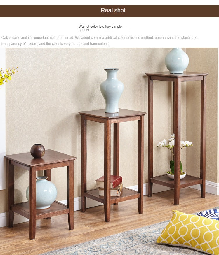 Solid Oak Wood Walnut Finish Flower Stand - Rustic Home Decor for Living Room, Balcony & Garden Plant Display