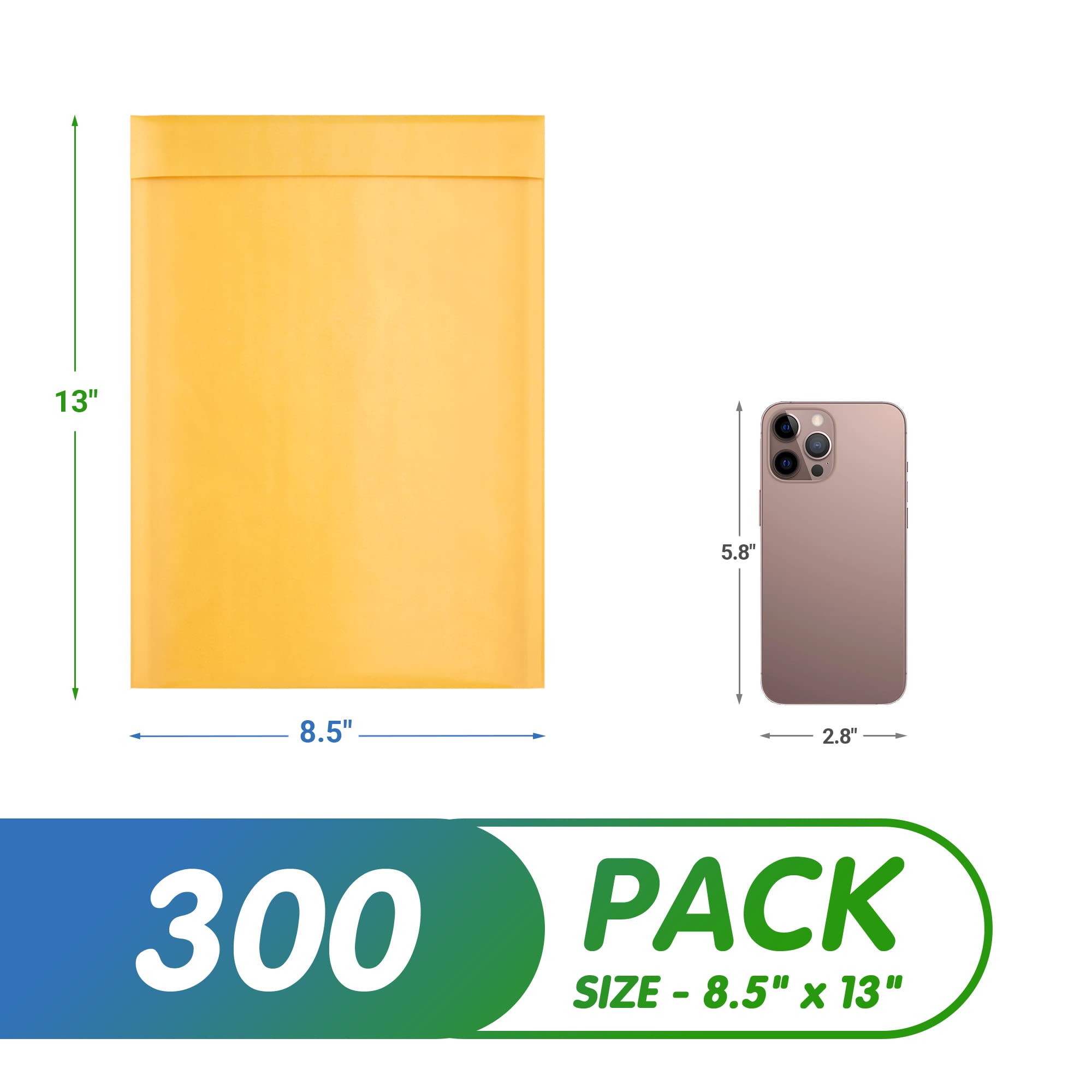 300 Pack Yellow Kraft Bubble Mailer Envelopes 8.5x13 Inches - Self Seal Waterproof Padded Mailing Envelopes for Shipping, Tear-Resistant Sturdy Paper Mailers - Perfect for Ecommerce, Small Business & Online Sellers