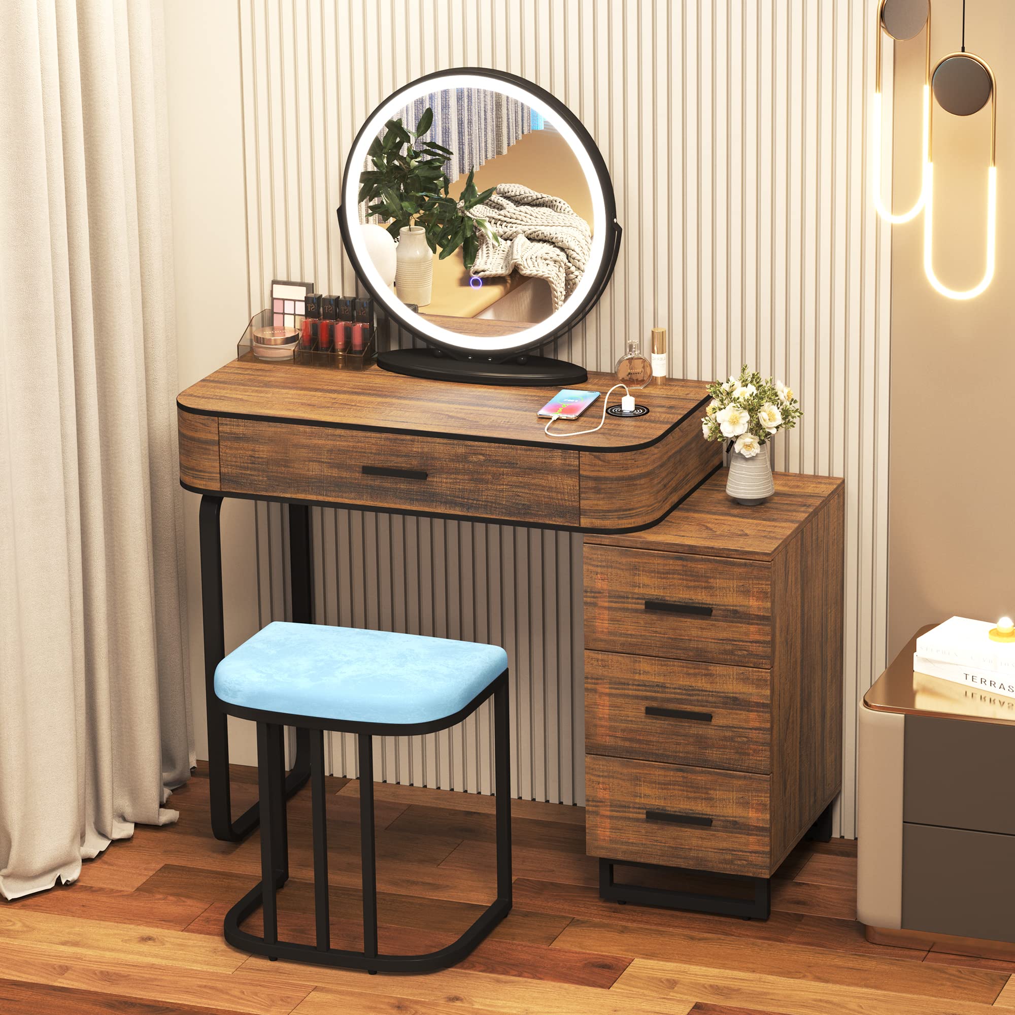LVSOMT Vanity Desk with 3-Color Touch Screen LED Mirror, Makeup Dressing Table Set with Lights & USB Charging Station, 4 Storage Drawers, Includes Stool - Perfect for Bedroom, Bathroom & Beauty Salon (Brown)