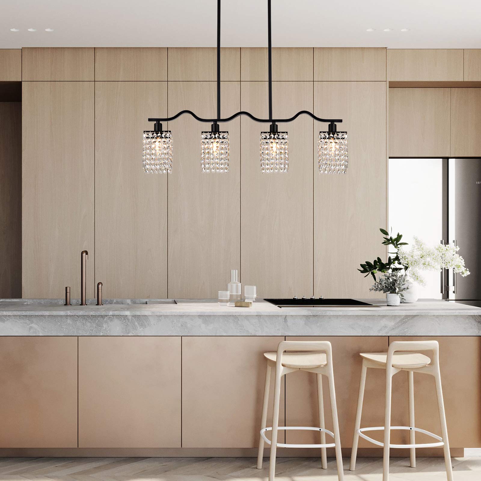 Modern Crystal Chandelier 4-Light Kitchen Island Pendant - K9 Crystal Rectangular Ceiling Light Fixture with Adjustable Height - Perfect for Dining Room, Kitchen, Breakfast Nook & Home Decor Lighting
