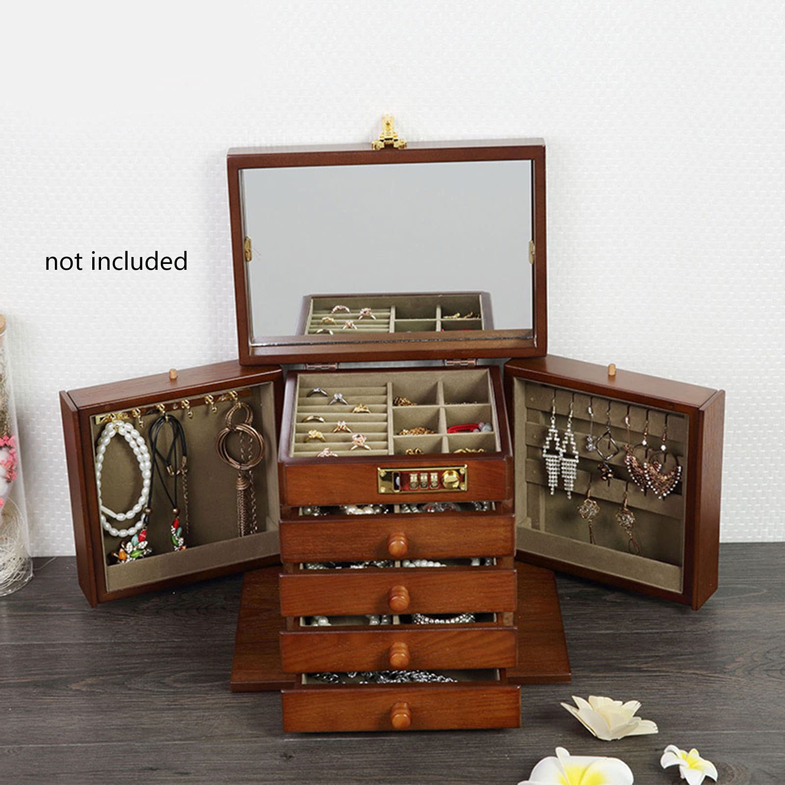 SHZICMY 5-Tier Wooden Jewelry Box Organizer with 4 Drawers & Combination Lock - Large Dresser Top Jewelry Storage for Women with Mirror & Velvet Lining (Coffee) - Perfect for Bedroom Vanity, Closet Organization & Travel Jewelry Case