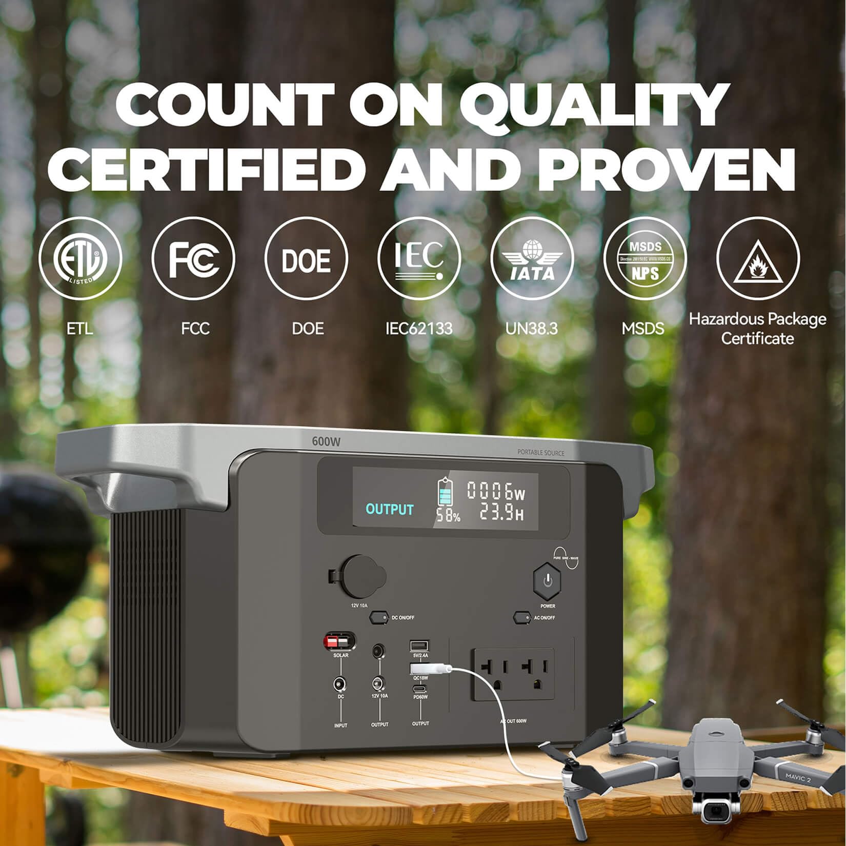 600W Portable Power Station with 647Wh Capacity - Solar Generator for Camping, RV & Emergency Backup | 7 Ports (AC/DC/USB PD) | IPX4 Waterproof | Perfect for Outdoor Adventures, Home Use & CPAP Machines