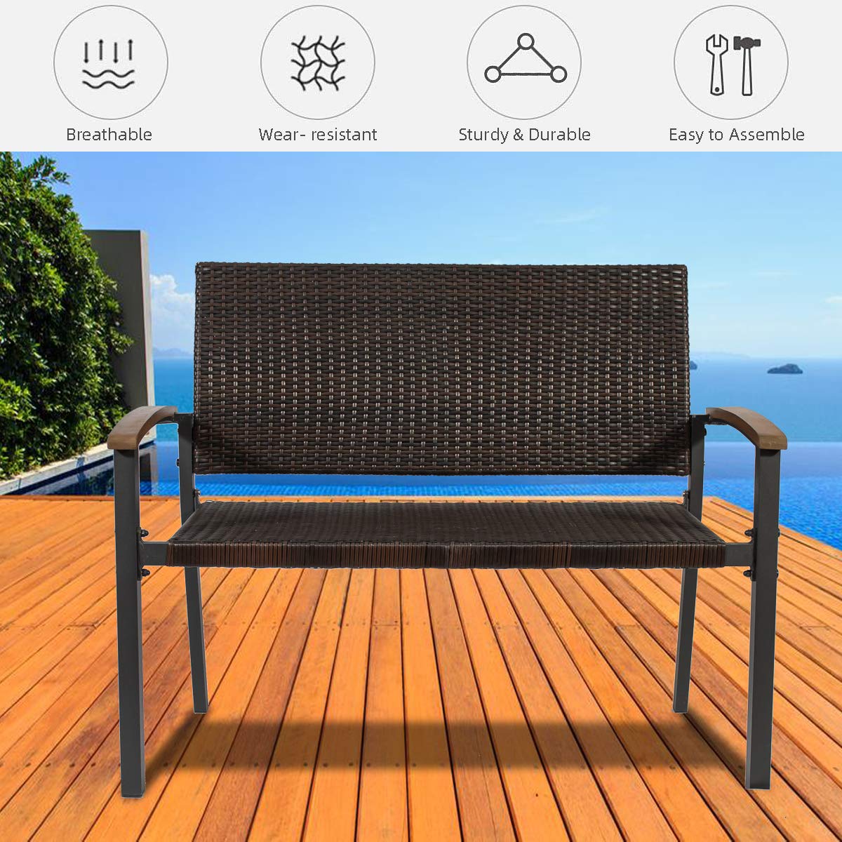 Rattan Patio Garden Bench - Outdoor Wicker Loveseat with Curved Backrest & Armrests | Durable Weather-Resistant Rattan Furniture for Porch, Deck, Backyard & Garden Seating