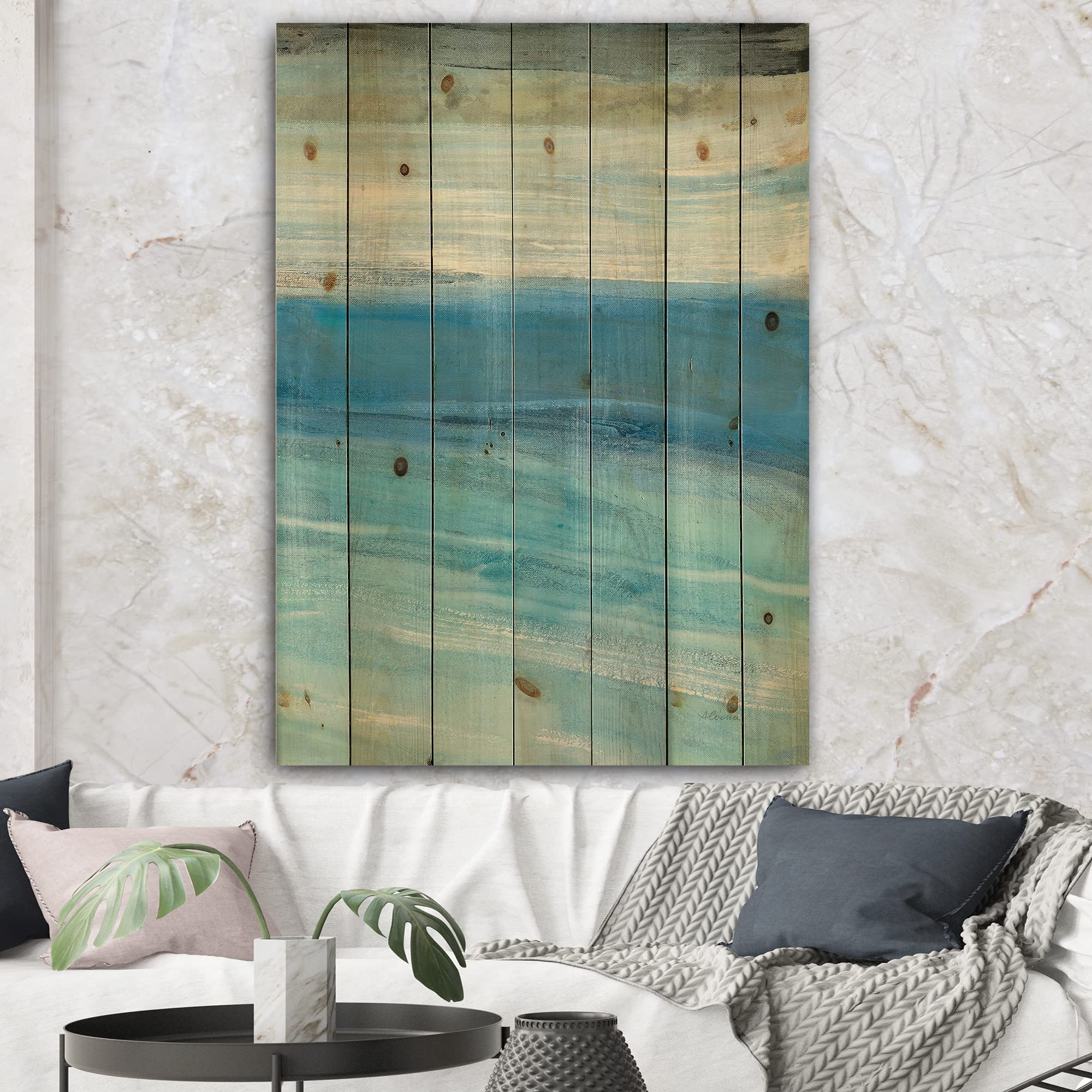 DesignQ From The Shore IV Traditional Blue Wood Wall Art - Large Abstract Wooden Wall Decor Panels Printed on Natural Pine - Perfect for Living Room, Bedroom & Office Decoration