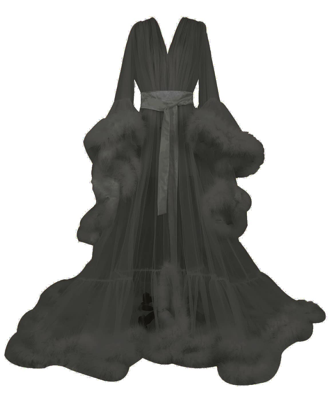 Elegant Women's Long Wedding Dress with Feathers & Tulle - Bridal Robe Scarf, Puffy Nightgown for Bridal Shower, Honeymoon & Romantic Occasions