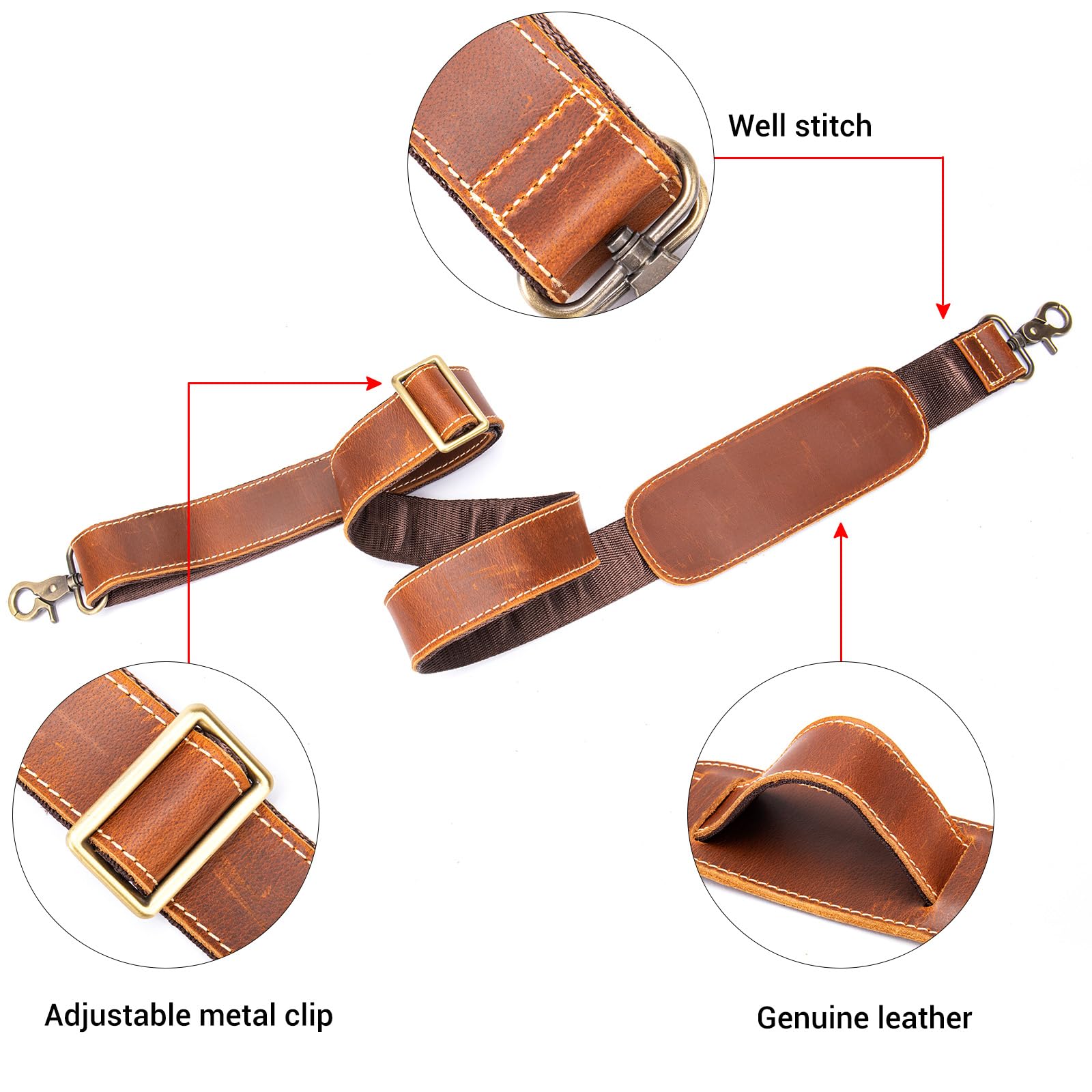 Genuine Leather Adjustable Shoulder Strap for Bags - Duffel, Crossbody, Laptop & Briefcase - Brown