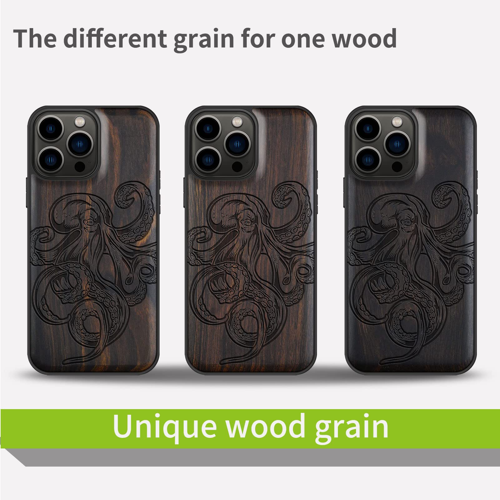 Carveit Magnetic Wooden Case for iPhone 13 Pro Max - Natural Wood & Black TPU Shockproof Protective Cover with MagSafe Compatibility | Octopus Design Blackwood | Perfect for Outdoor, Office & Everyday Use