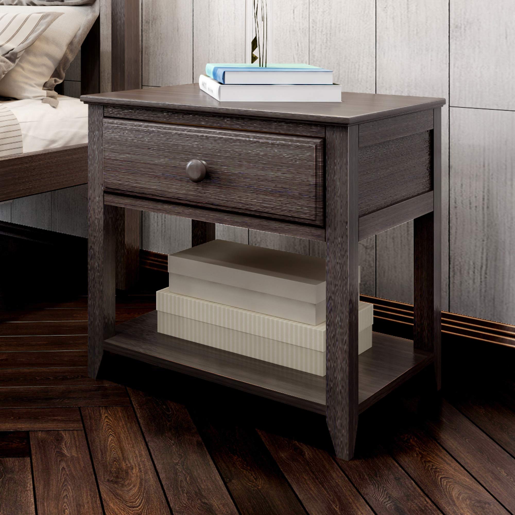 Plank+Beam Nightstand with Drawer and Shelf - Modern Clay Finish Bedside Table for Bedroom, Living Room & Guest Room - Compact Storage End Table with Open Shelf & Spacious Drawer