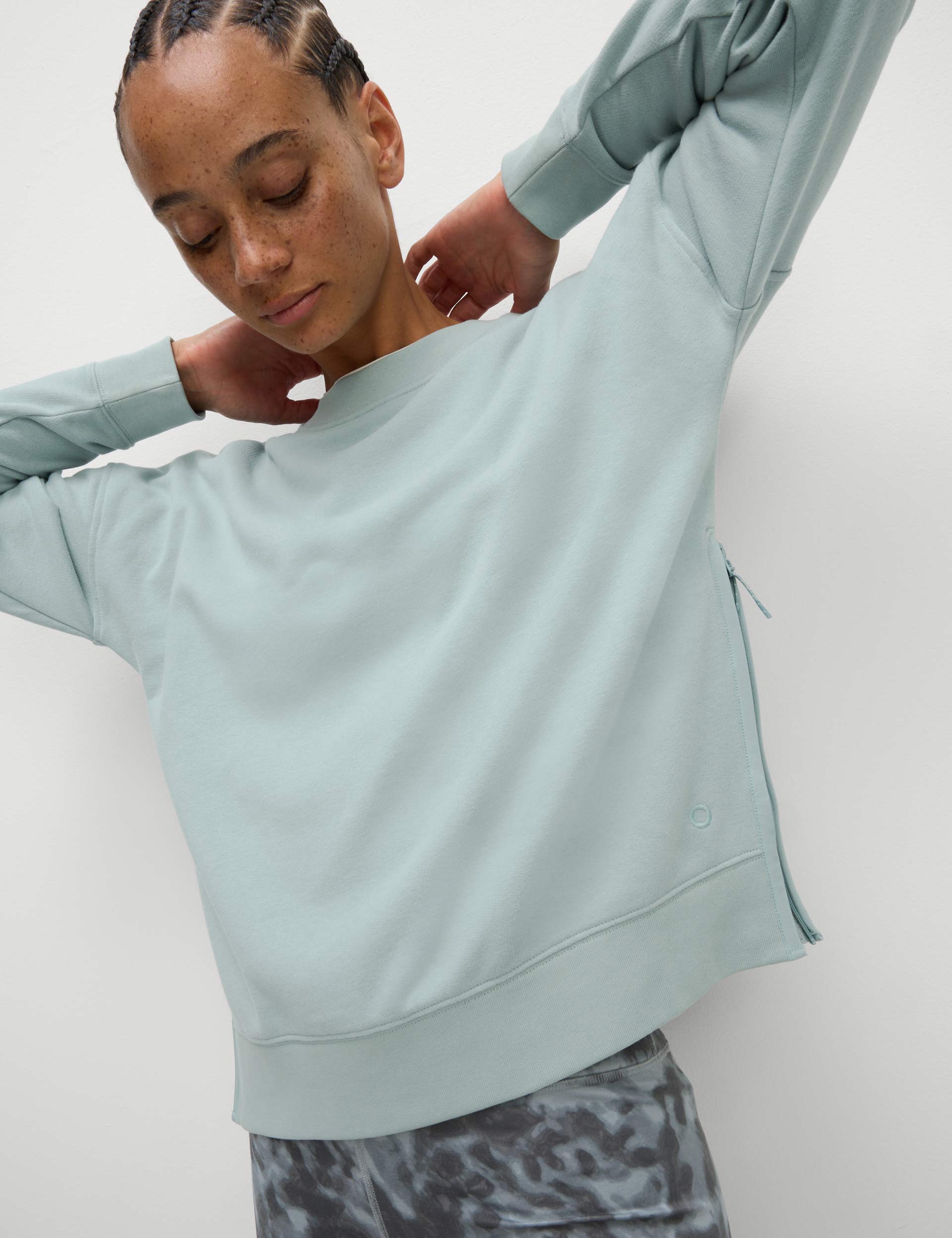 Soft Cotton Rich Mesh Panel Relaxed Sweatshirt - Light Mint Green | Comfortable Casual Wear for Women | Perfect for Lounge, Yoga & Everyday Outfits