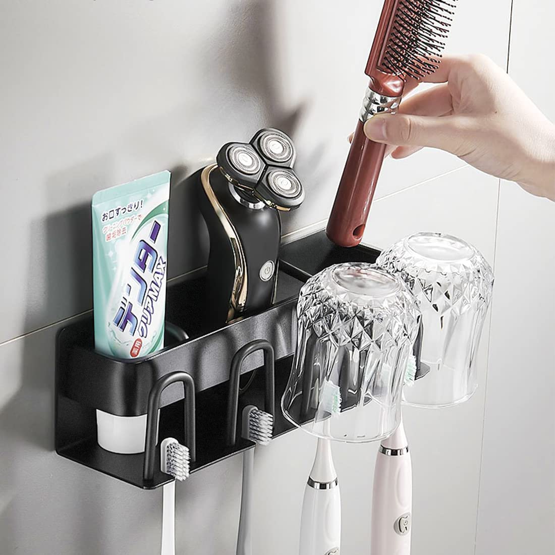 Stainless Steel Wall Mounted Toothbrush Holder for Bathroom - 4 Cup Toothbrush & Toothpaste Organizer with Razor Holder - Space Saving Shower Storage Solution - Perfect for Small Bathrooms, Apartments & Dorm Rooms (Black)