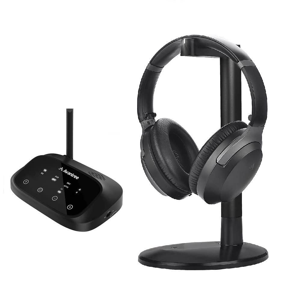 Avantree Oasis Plus & Aria Me: aptX Low Latency & HD Bluetooth Transmitter for TV - Wireless Headphones with Personalized Sound App, Active Noise Cancelling, Charging Stand - Perfect for Home Theater, Gaming & Music Streaming