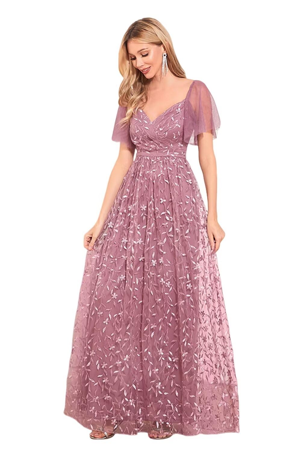 Elegant Lace Tulle Formal Evening Gowns for Women 2025 - Puffy Sleeve V-Neck A-Line Bridesmaid Dresses (Style NA74) | Perfect for Weddings, Proms & Special Occasions