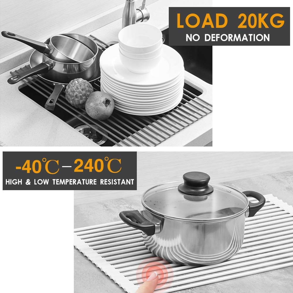 Foldable Roll-Up Kitchen Sink Drain Rack - Non-Slip Silicone & Stainless Steel Dish Drying Rack for Dishes, Utensils, and Vegetables | Space-Saving, Durable, and Easy to Clean | Perfect for Small Kitchens, RVs, and Apartments