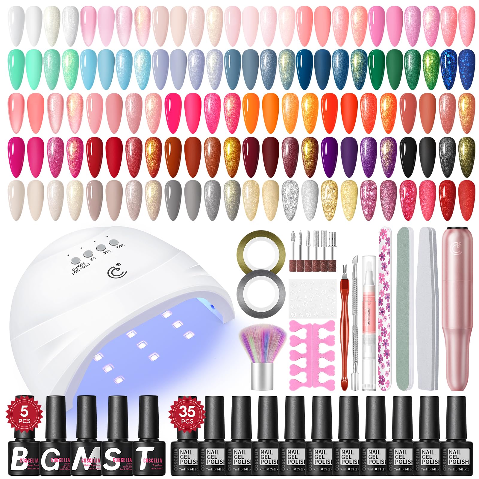 53PCS Gel Nail Polish Kit with UV Light & Drill Starter Set - 35 Colors Gel Polish, 5PCS Top Base Coat - Professional Nail Art Supplies for French Manicure - DIY at Home Salon & Party Nail Care for Women & Girls