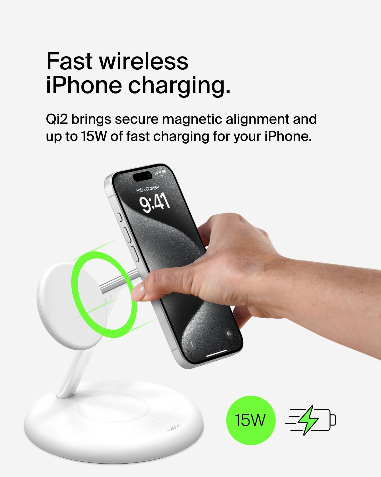Belkin MagSafe-Compatible 3-in-1 Wireless Charger Stand 15W Fast Charging Station | Qi2-Certified for iPhone 16, AirPods & Apple Watch | Includes 36W Power Adapter | White | Perfect for Home, Office & Nightstand Charging