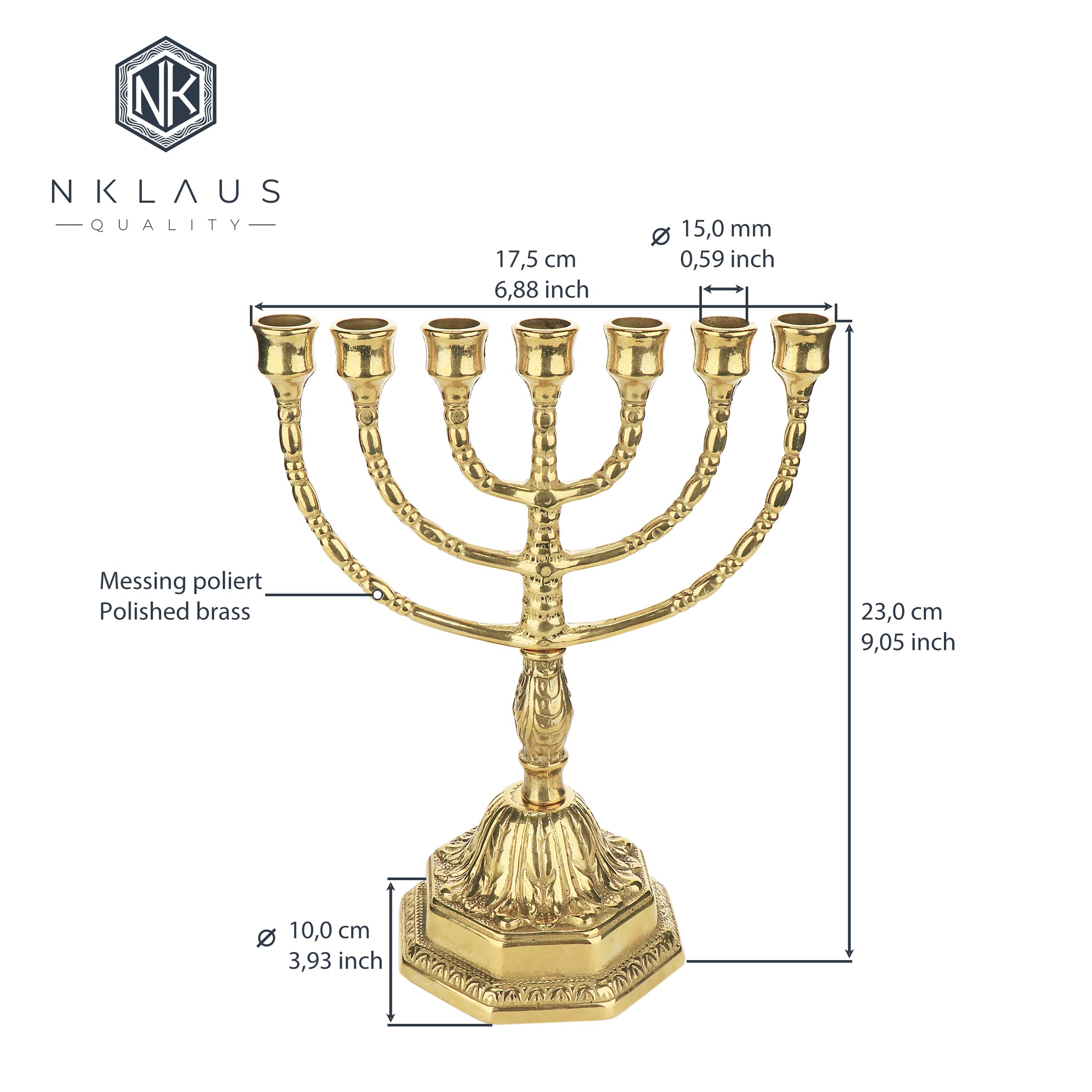7-Arm Brass Candlestick Holder - Handcrafted for Candles up to 1.5cm Diameter, 23cm Tall (Model 10204) - Perfect for Dining Table Centerpiece, Wedding Decor & Home Interior Lighting