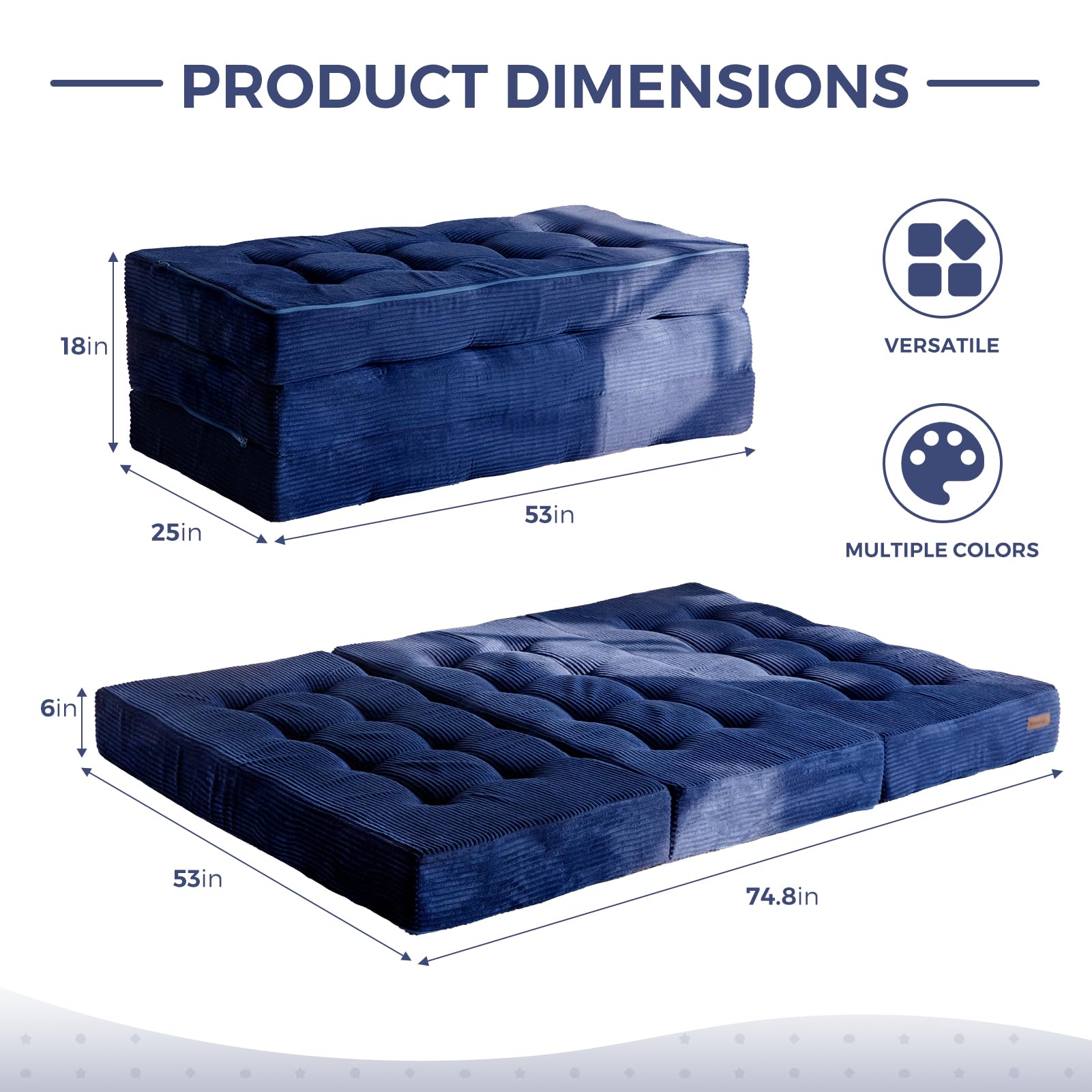MAXYOYO 6 Inch Tri Fold Mattress - Tufted Full Foam Folding Bed with Corded Fabric in Navy Blue | Perfect for Guest Rooms, Camping & Small Spaces