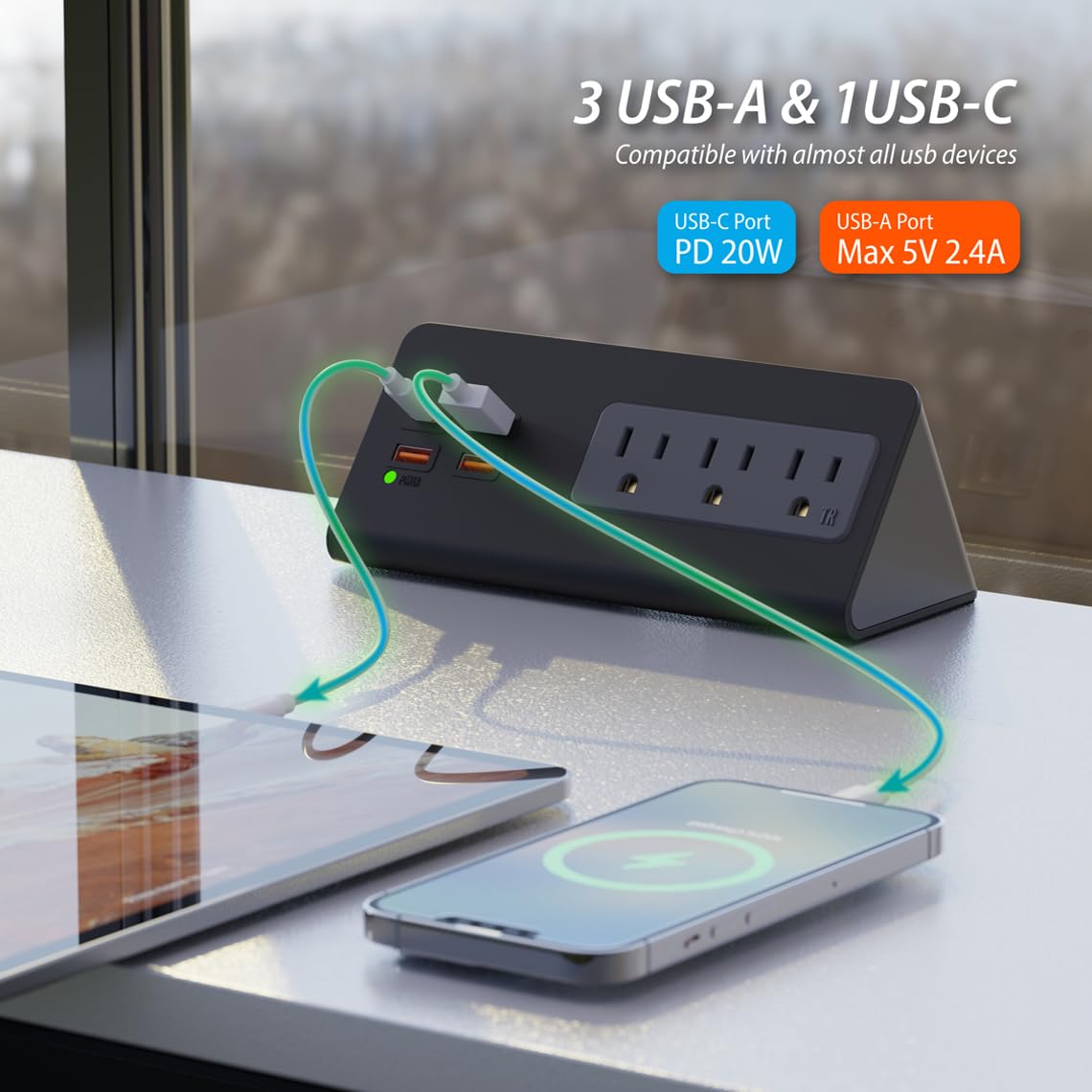 Desk Edge Mount Power Outlets with USB Charge Ports - Space Saving Power Strip for Home Office, Dorm & Workspace - Perfect for Computer Desks, Gaming Setup & Workstations