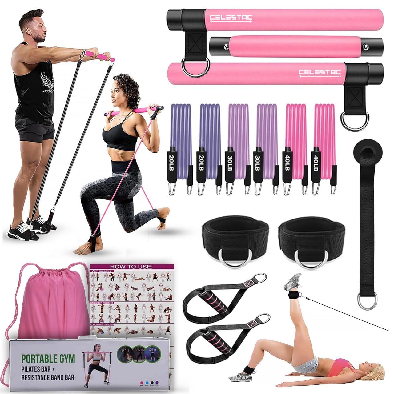 Premium Pilates Bar Kit with Resistance Bands (20/30/40lbs) - Portable Home Gym Equipment for Full Body Workout - Pilates Reformer Alternative for Women & Men - Perfect for Home Fitness, Yoga, Physical Therapy & Strength Training