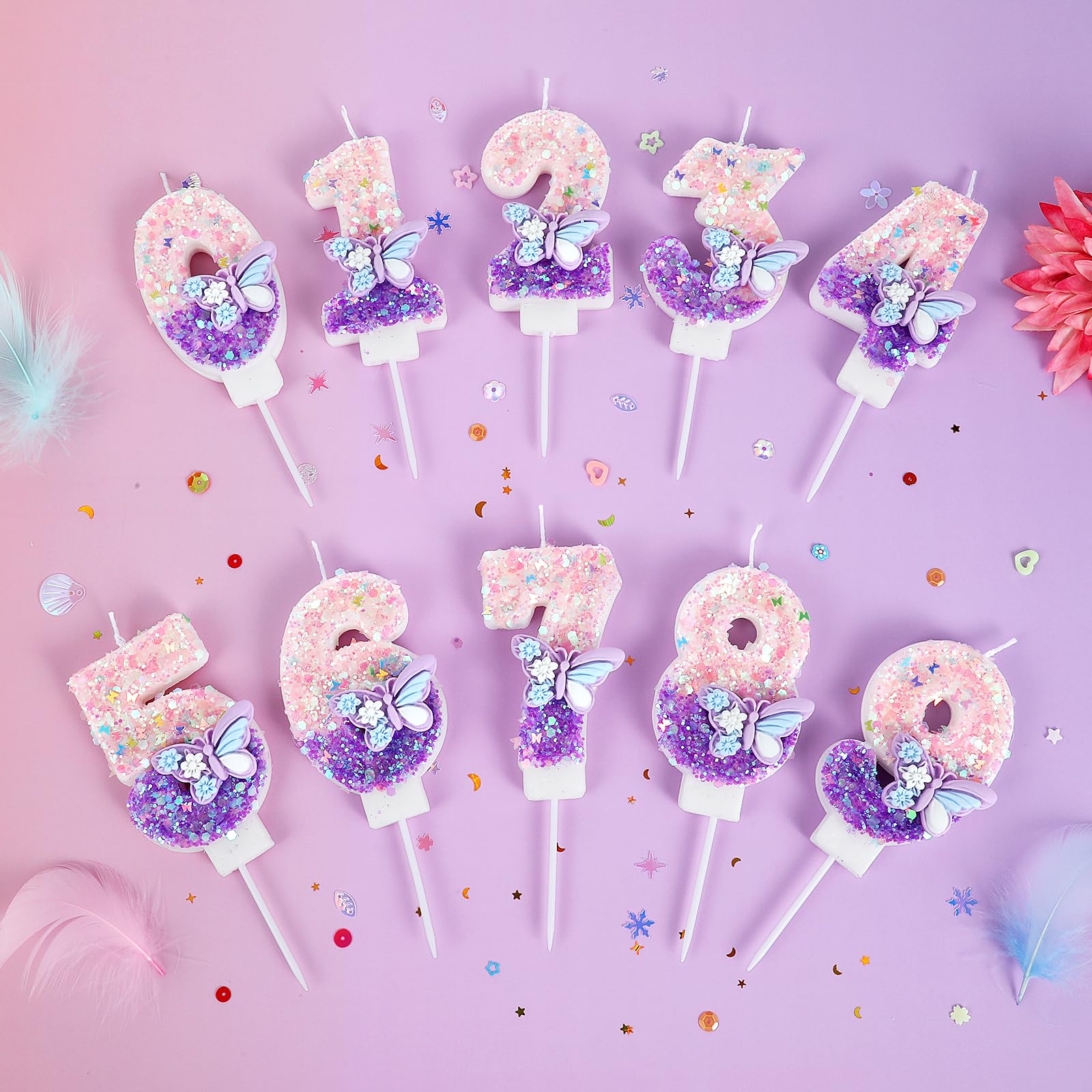 Pink & Purple Butterfly Glitter Number 1 Birthday Candles - Sparkling Cake Topper with Sequins for Girls & Women | Anniversary, Birthday Party Decorations & Cake Decorating Supplies