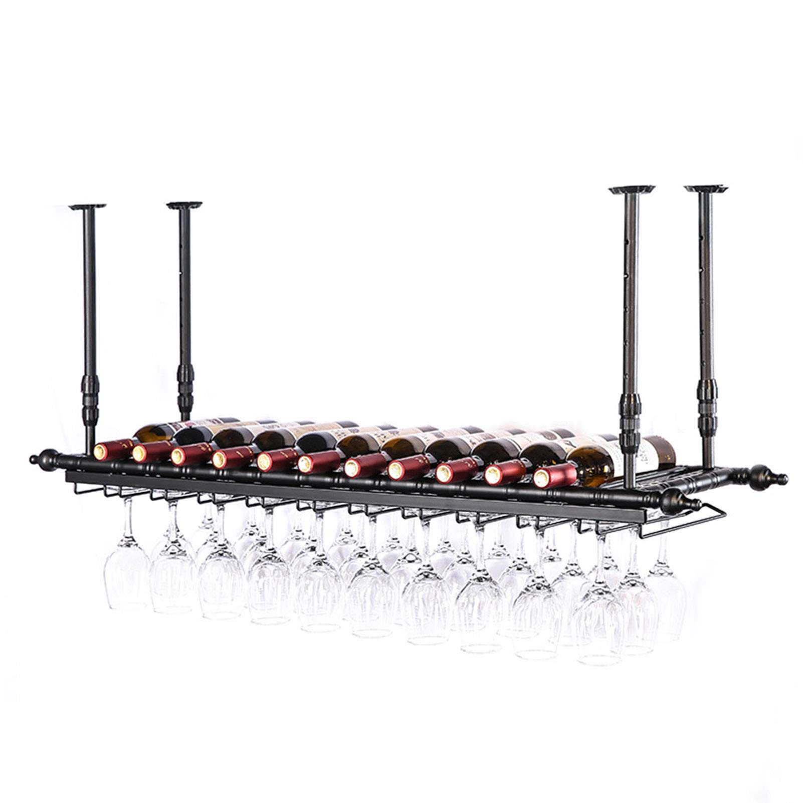Adjustable Height Ceiling Mounted Floating Wine Rack - Bar Shelf with Glasses Holder for Wine Bottles Storage - Perfect for Restaurants, Cafes & Home Bars (Black)
