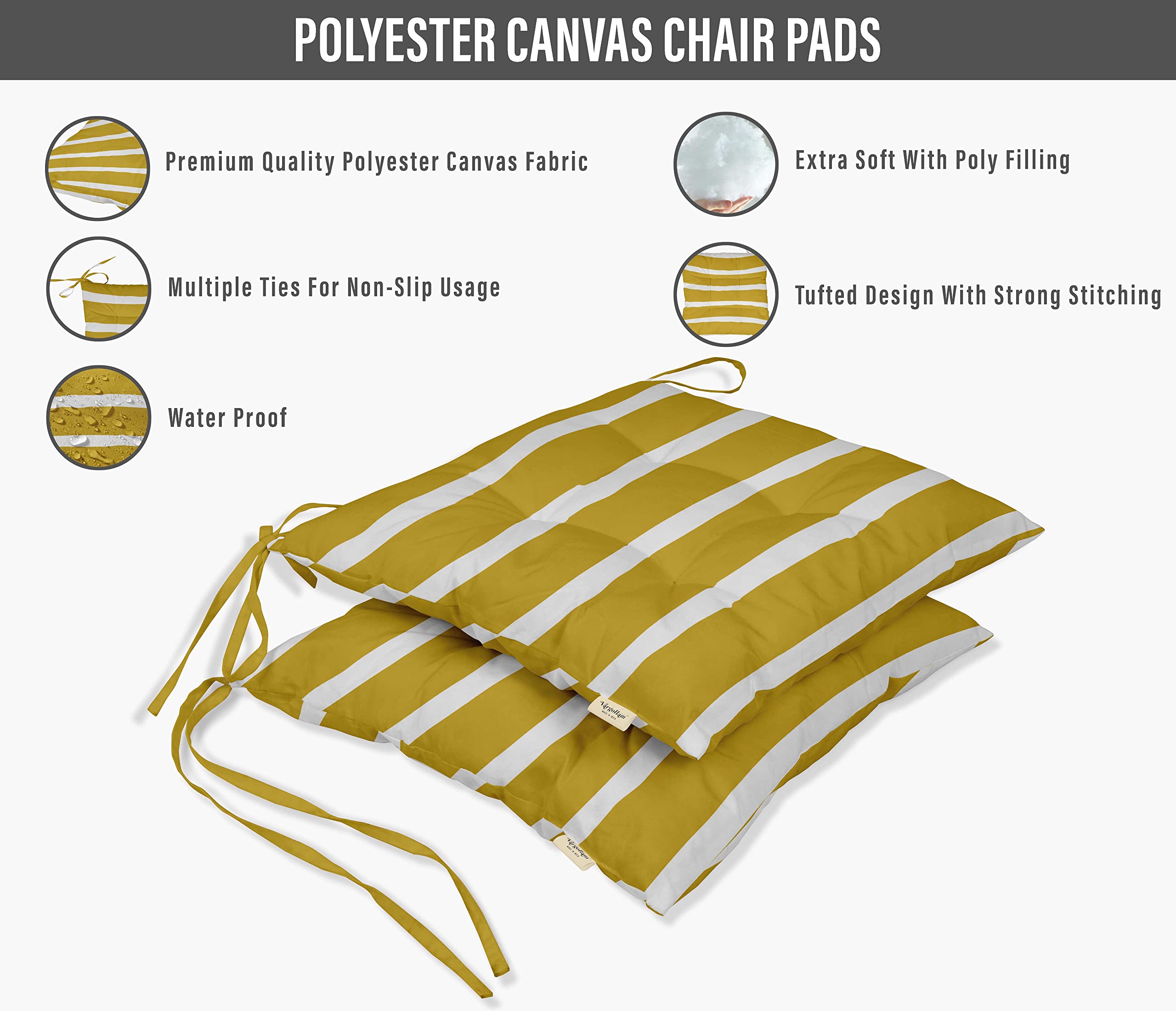 Waterproof 19-inch Yellow Striped Tufted Square Patio Cushion Set of 2 - Indoor/Outdoor Furniture Seat Cushions for Garden, Deck, Poolside & Patio