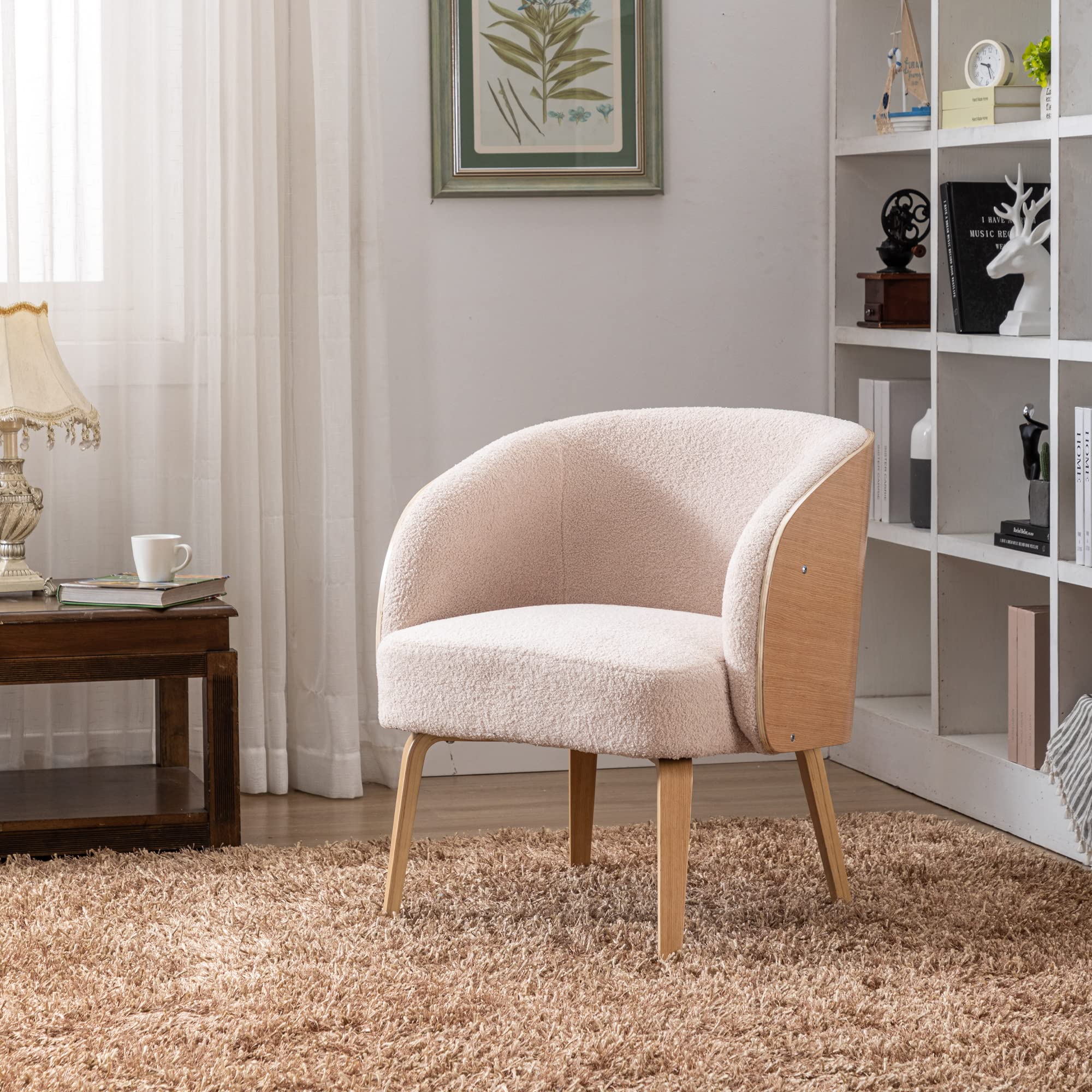 Hengming Lamb-Hair Accent Chair - Upholstered Living Room Chair, Bedroom Chair, Bentwood Sofa Chair in Pink - Perfect for Cozy Reading Nooks, Lounge Areas & Home Decor