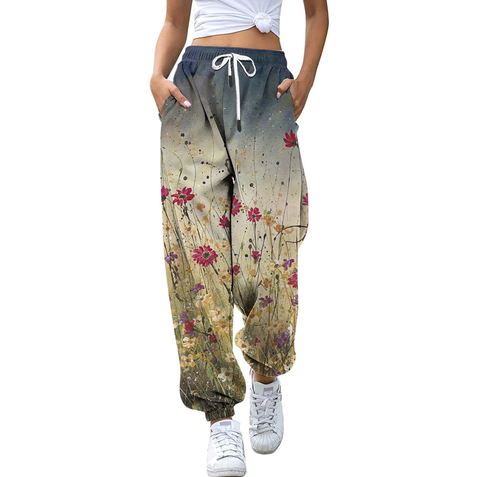 Women's Floral Print Cotton Casual Pants - Soft Summer Sweatpants with Elastic Waist | Perfect for Yoga, Lounging & Spring Outfits