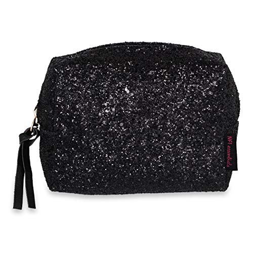 NFI Essentials Small Glittery Makeup Pouch for Women - Stylish Cosmetic Bag for Makeup Accessories Storage - Perfect Travel Makeup Organizer for Girls & Teens (Black) - Great for Travel, Gym, and Everyday Use