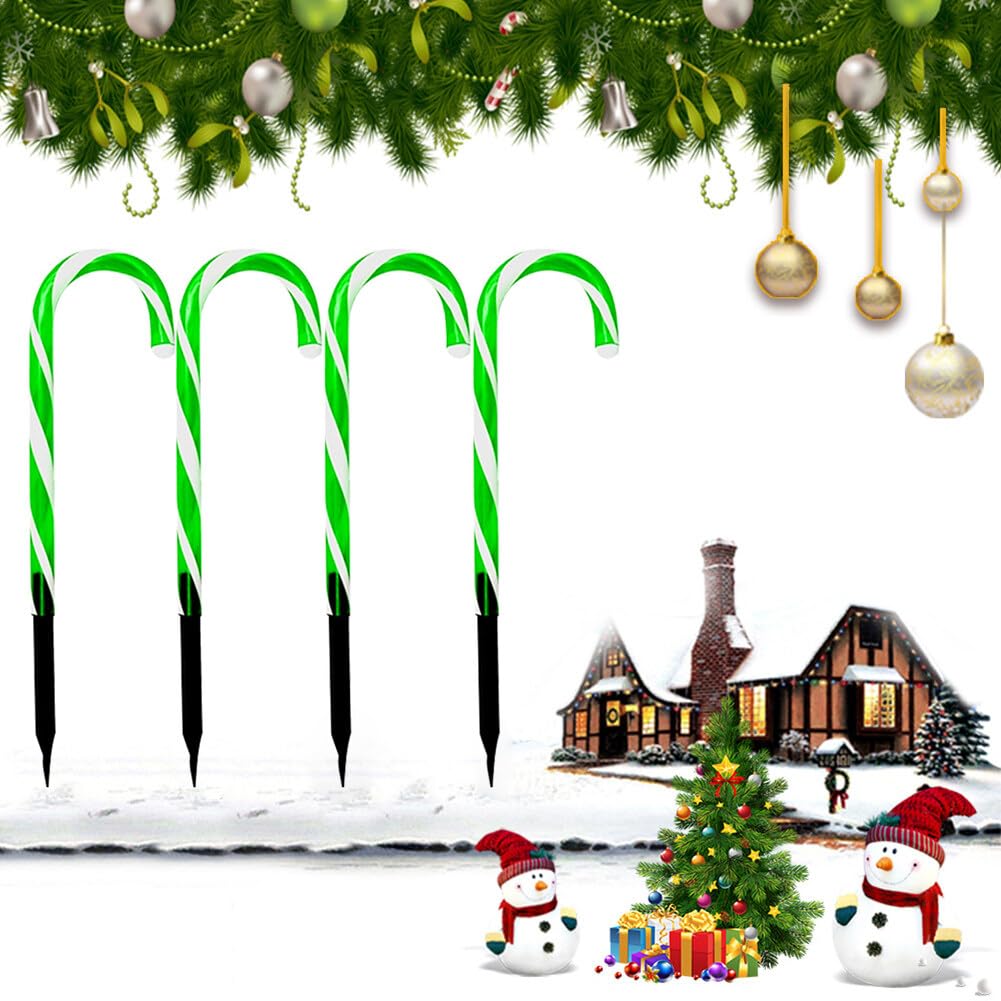 4PCS 14.5 Inch Battery Operated Remote Control Christmas Candy Cane Pathway Lights - Outdoor Indoor LED Lawn Decorations for Patio, Garden, Walkway - Green Candy Cane Stake Lights for Holiday Party Decor