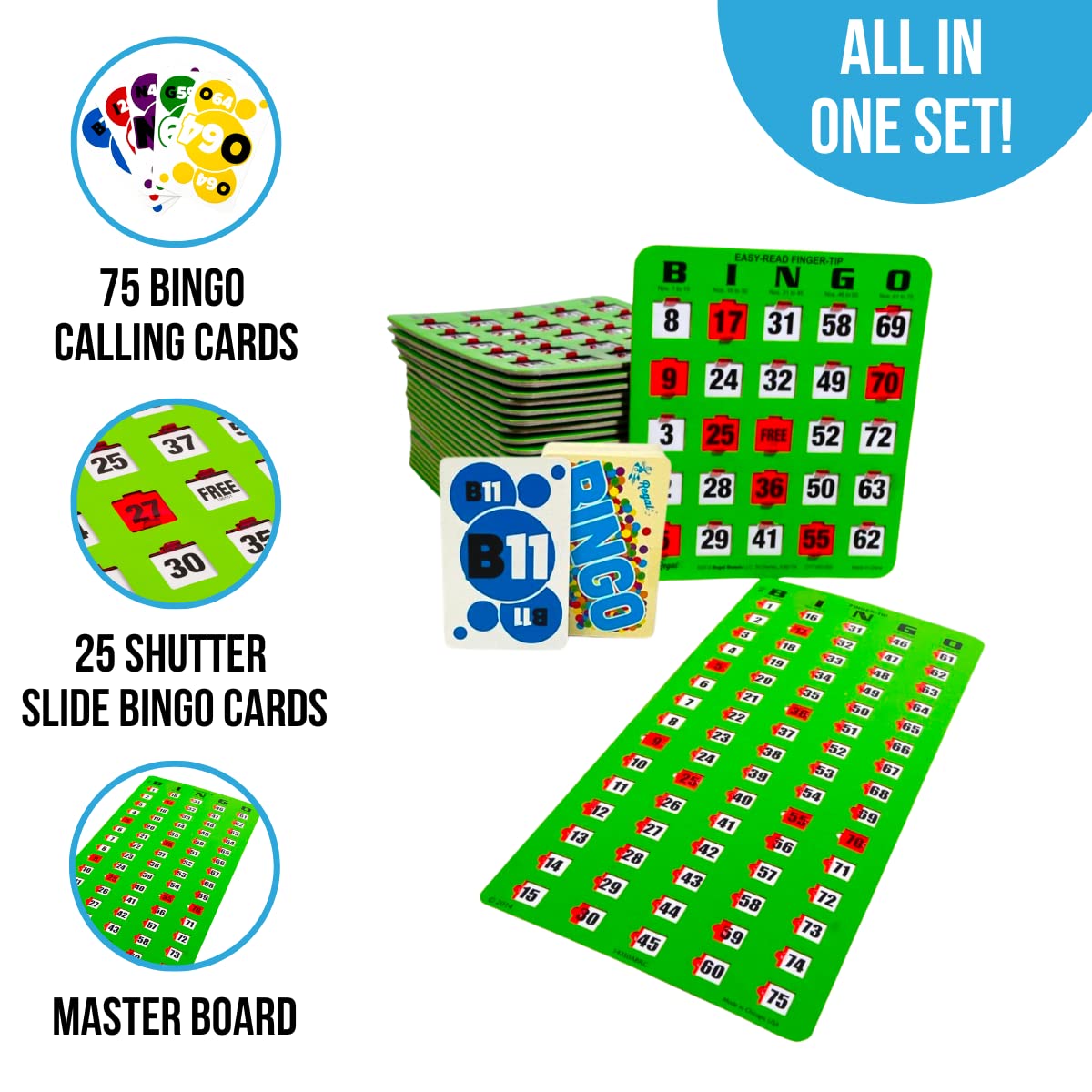 Regal Games - Finger-Tip Bingo Set with Jumbo Calling Cards, Master Board & 25 Easy Read Shutter Slide Cards - Green - Perfect for Family Game Nights, Bingo Parties & Senior Activities