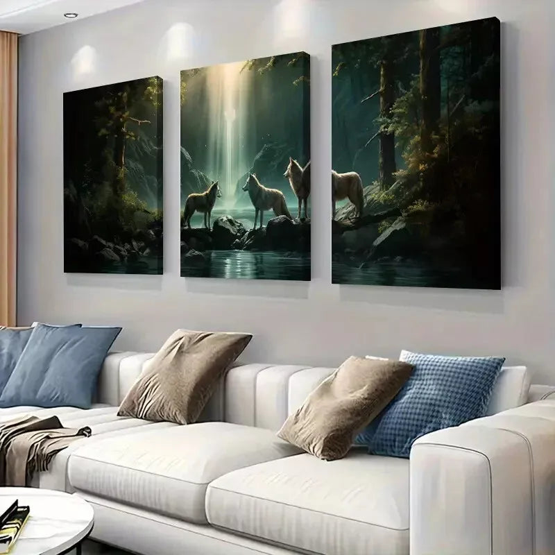 3-Piece Enchanting Wolf and Waterfall Forest Art Set - Framed Canvas Wall Decor 50x70cm | High Quality Australian Made Print | Ready to Hang | Perfect for Living Room, Bedroom & Office Decor