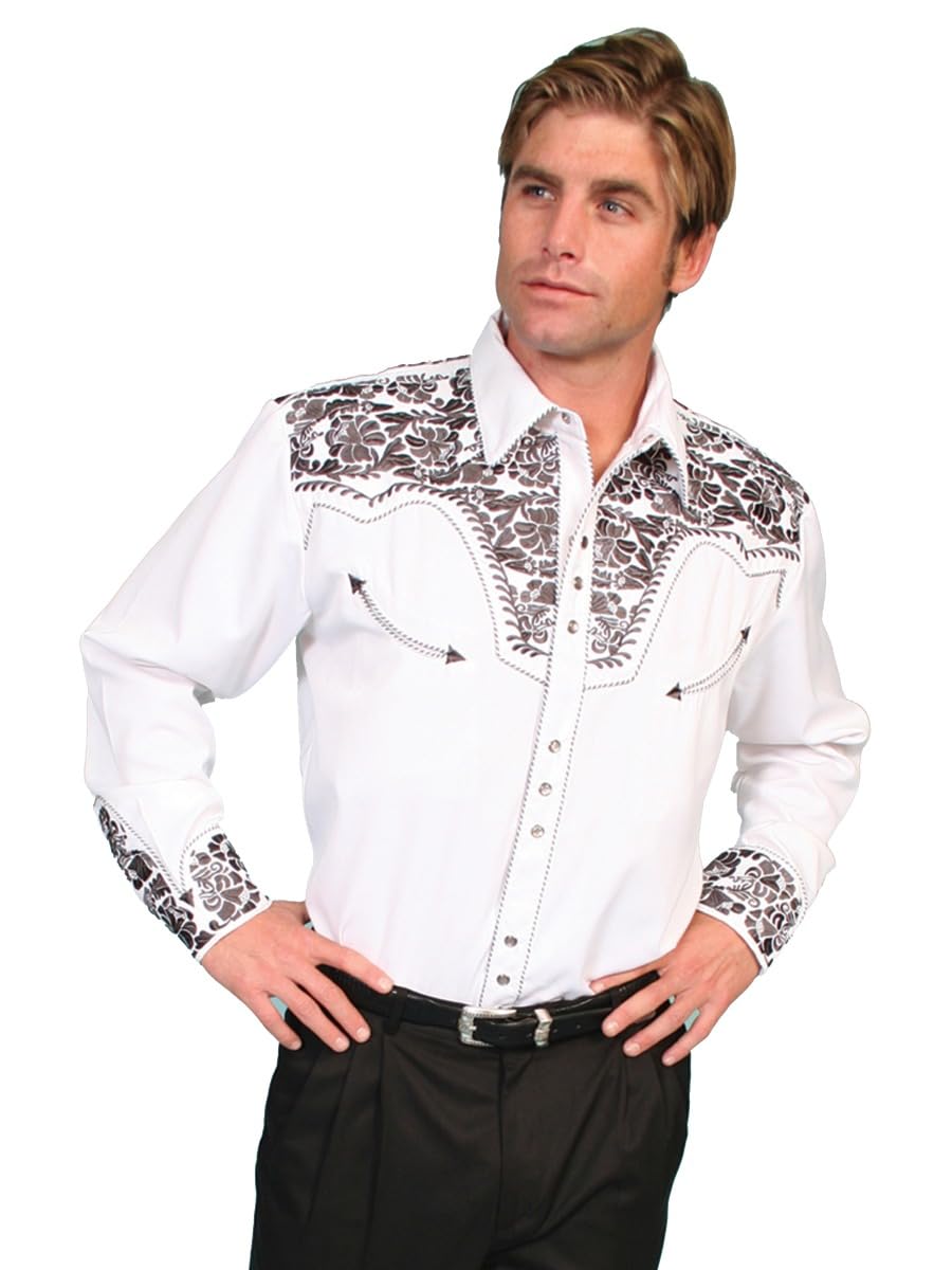 Scully Black Men's Long Sleeve Snap Front Tooled Embroidered Western Shirt P-634 - Perfect for Cowboy Rodeo, Country Music Festivals & Casual Wear