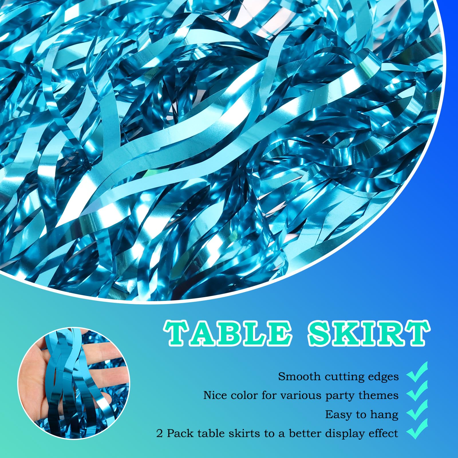 2 Pack Blue Wavy Foil Fringe Table Skirt - Under The Sea Party Decorations for Summer Beach, Mermaid Birthday & Ocean Baby Shark Theme Parties (X-Large, MG183) | Perfect for Kids Birthday Decor, Baby Showers & Poolside Celebrations