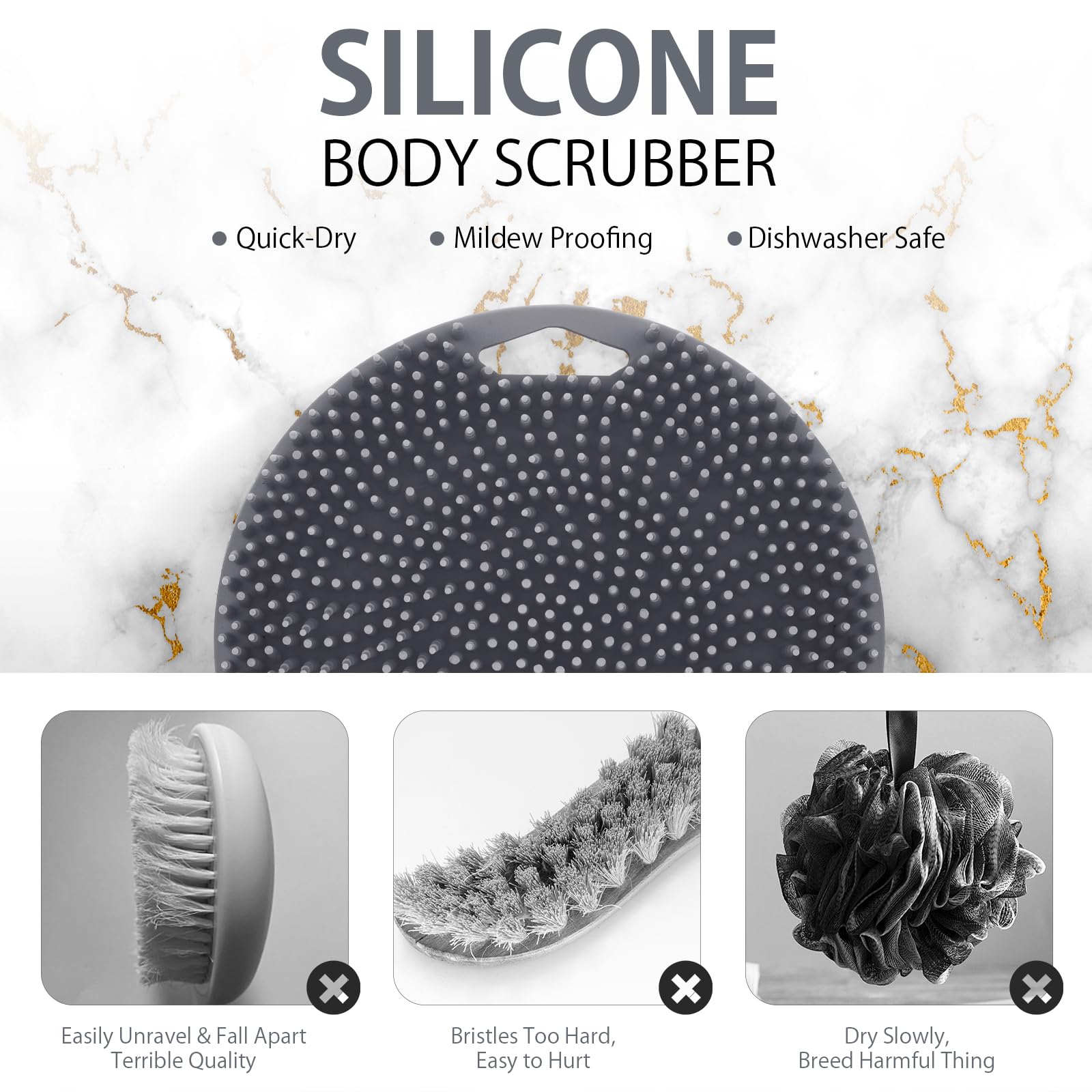 Premium Silicone Body Scrubber with Handle - Gentle Exfoliating Loofah for Shower & Bath - Gray Body Wash Massager - Perfect for Sensitive Skin & Spa Day Relaxation