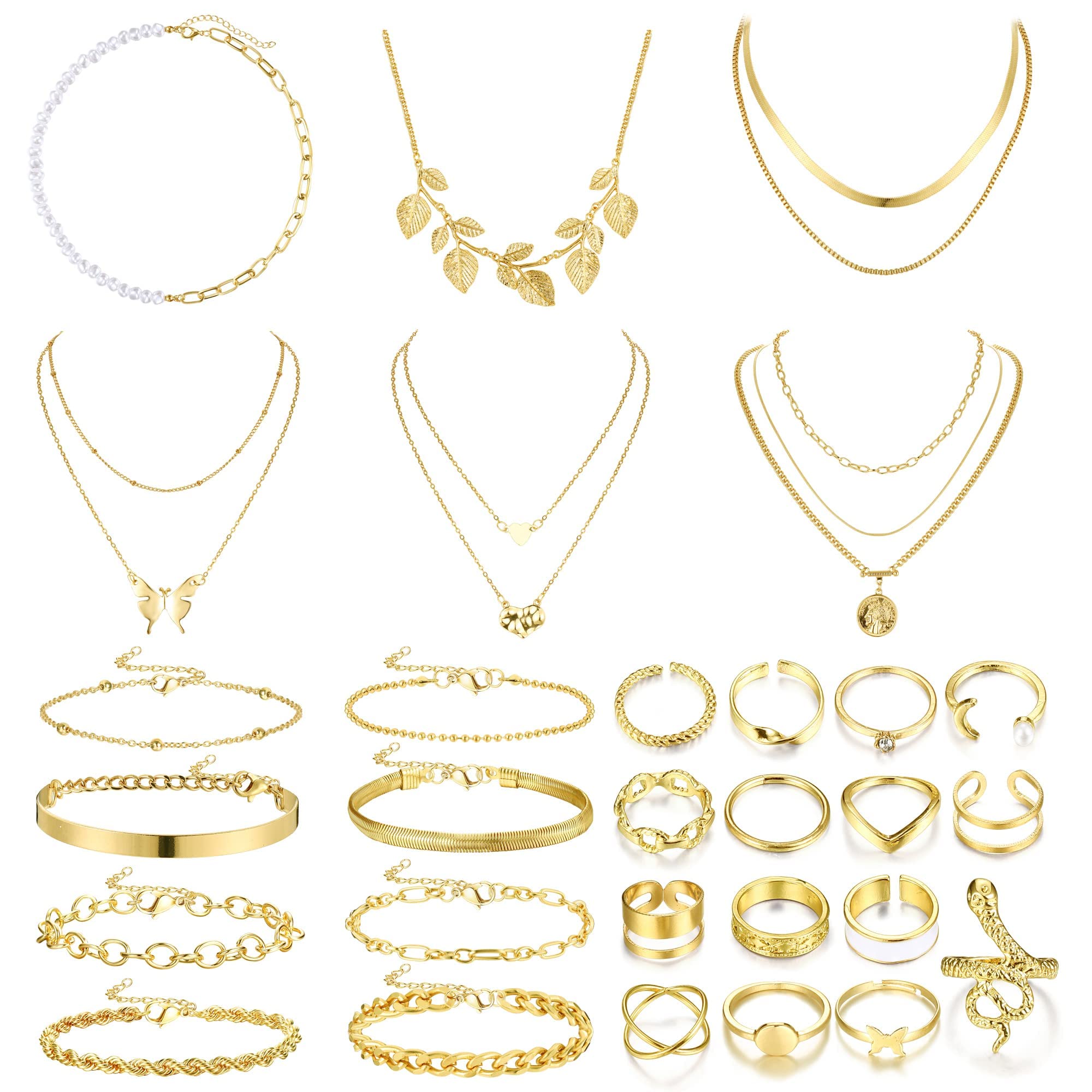 Kakonia 29Pcs Gold Jewelry Set for Women - Layered Necklace, Rings & Bracelets - Elegant Anniversary & Birthday Gift - Perfect for Date Night, Party & Special Occasions
