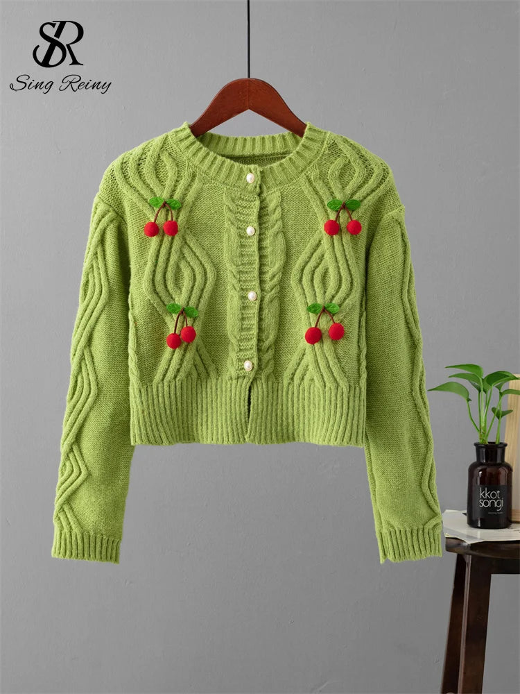 3D Cherry Print O-Neck Long Sleeve Pearl Button Knit Sweater for Women - Cozy Winter Pullover for Casual Wear & Office Outfits
