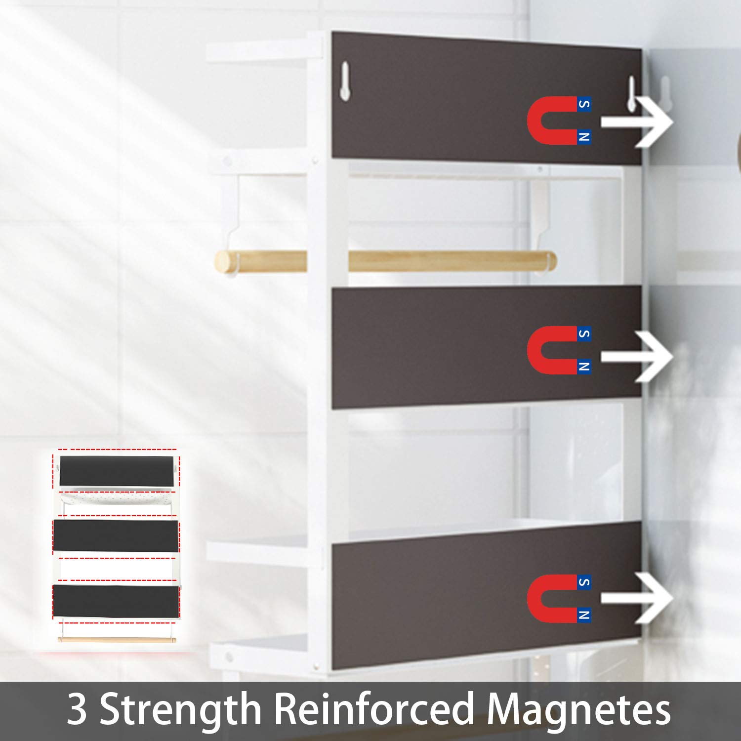 EASTTOWEST Magnetic Spice Rack - 4 Tier Kitchen Organizer with 2 Paper Towel Holders & 5 Removable Hooks - Matte White Refrigerator Storage Shelf for Spices, Condiments & Kitchen Essentials - Perfect for Small Spaces & Apartment Living