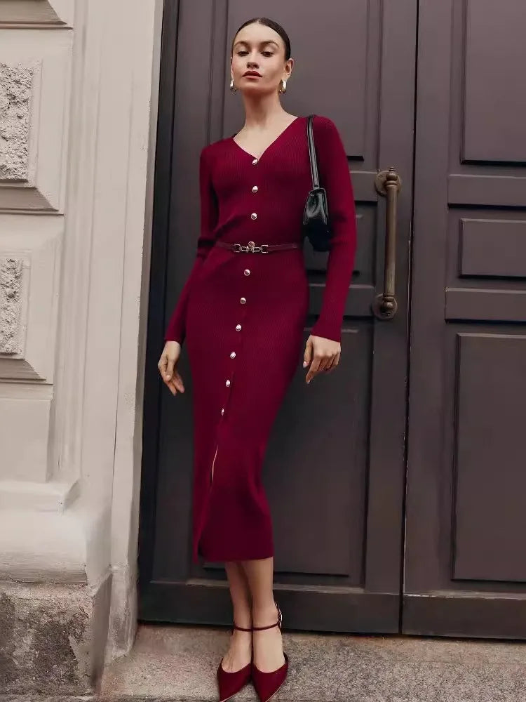 Elegant Long Sleeve Sweater Dress for Women - Single Breasted Knit Maxi Dress for Autumn Winter - Slit Evening Party Dress 2024 | Perfect for Holiday Gatherings, Office Wear & Date Nights