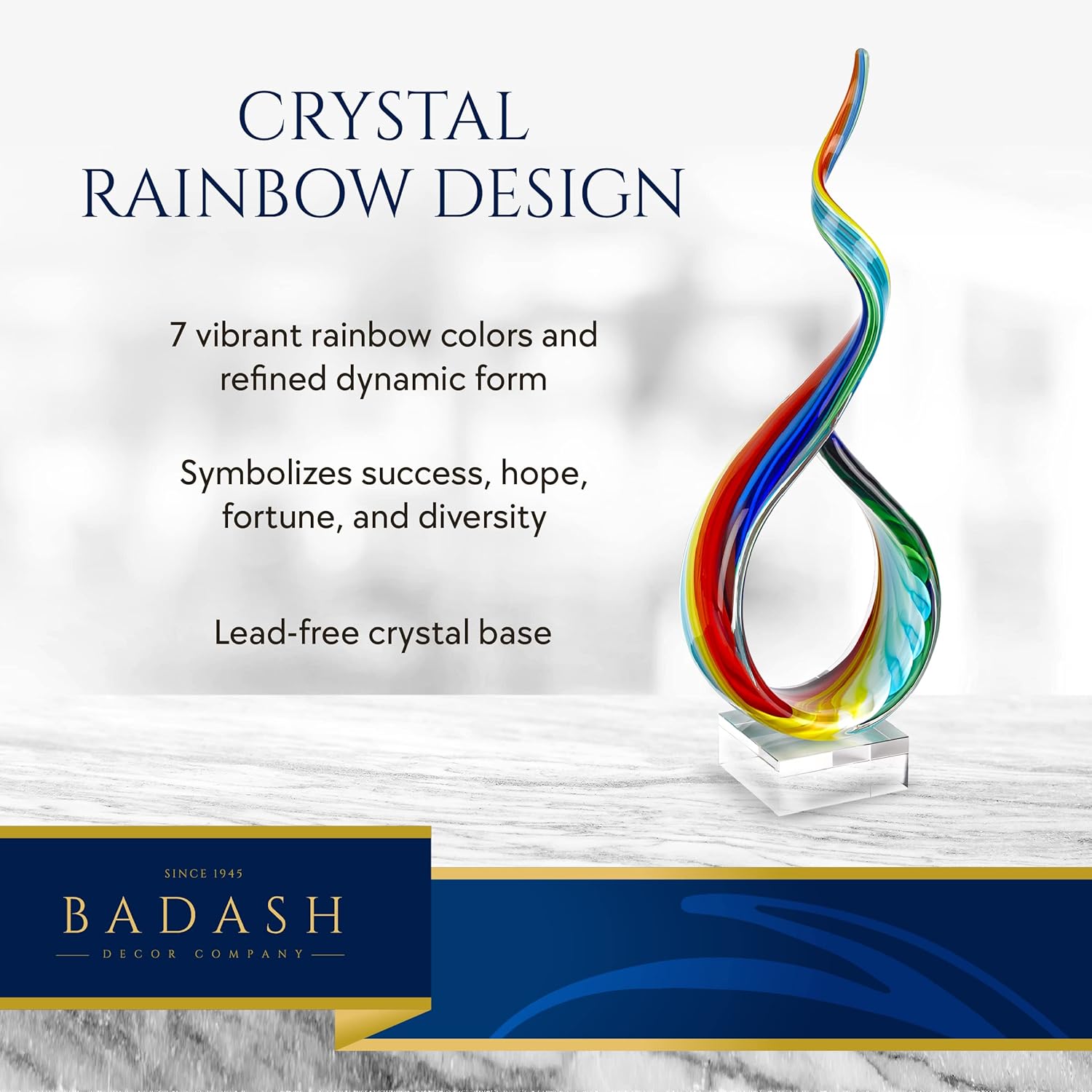Badash Rainbow Murano Style Glass Sculpture - 18 Inch Hand Blown Art Statue with Crystal Base | Elegant Home Decor for Living Room, Office & Gift Giving
