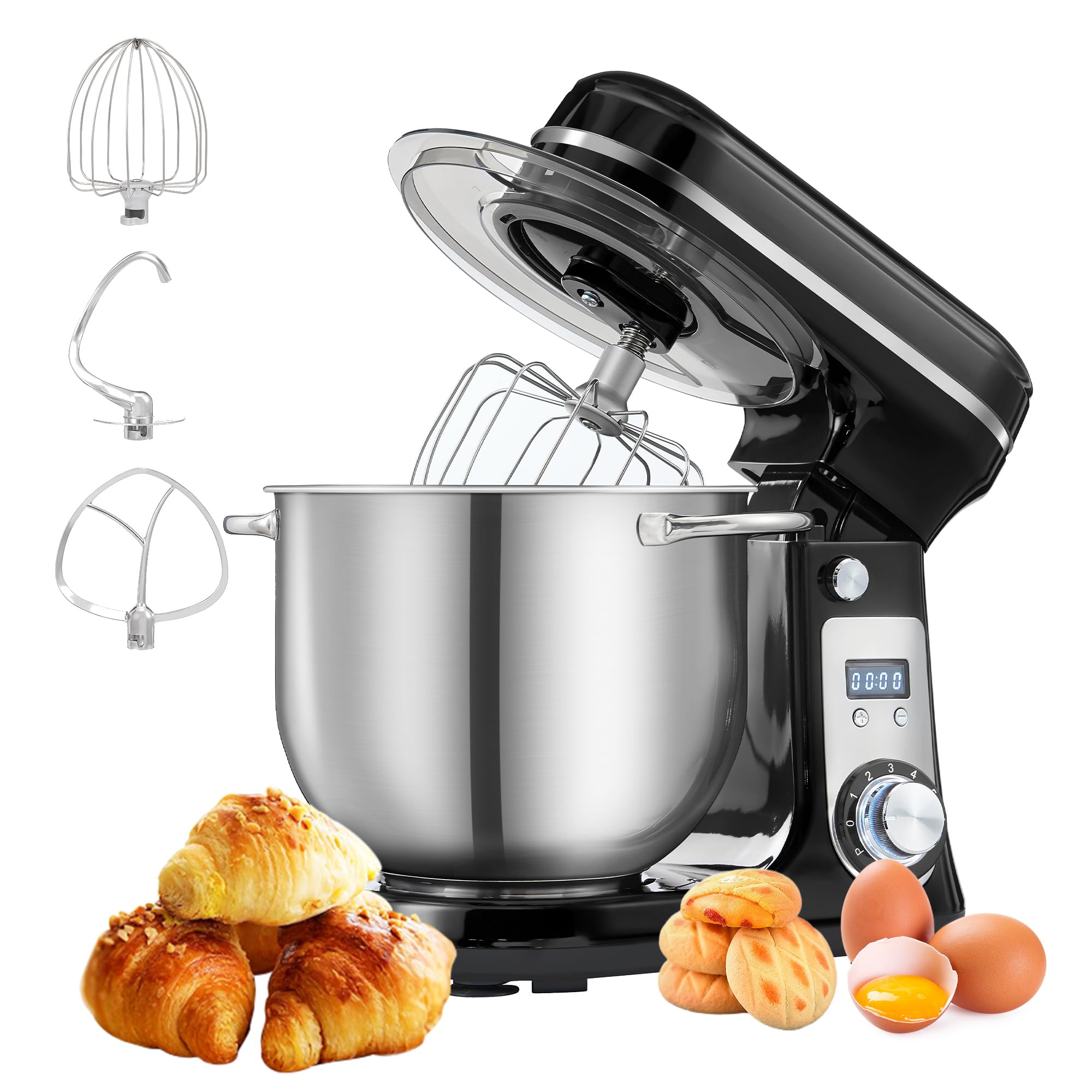 Biolomix 6.5QT Stand Mixer - 6-Speed Tilt-Head Electric Kitchen Mixer with Stainless Steel Bowl, Dough Hook, Whisk & Anti-Splash Cover (Red/Black) - Perfect for Baking Cakes, Cookies, Bread & More