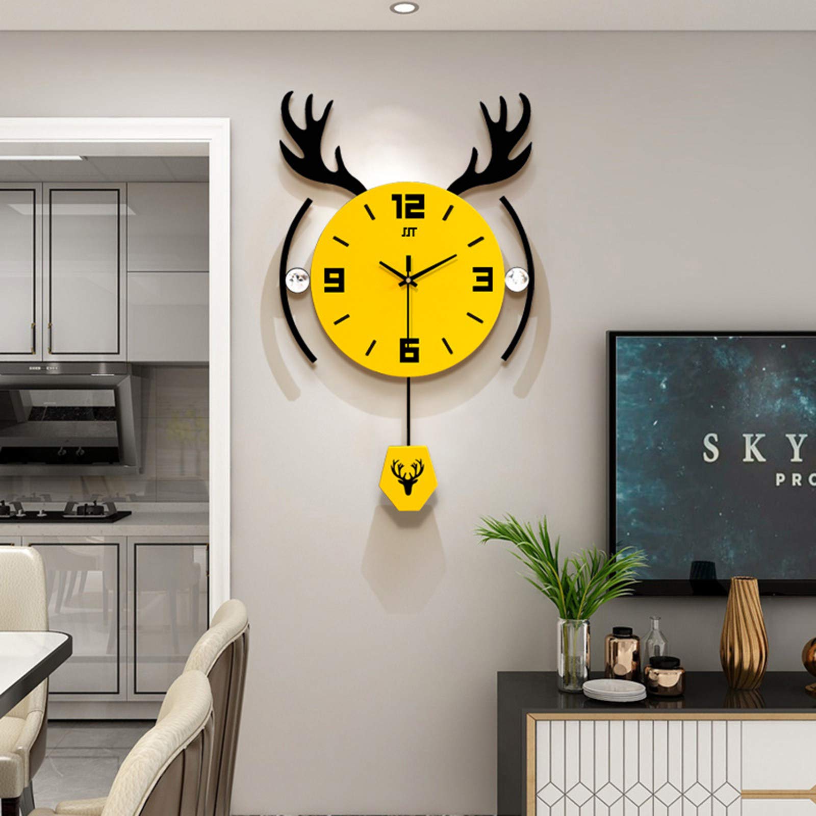 Deer Pendulum Wall Clock - 21 Inch Round Yellow Wood Modern Rhinestone Decor with Swing Pendulum for Living Room, Bedroom & Office - Elegant Home Decoration Gift Idea