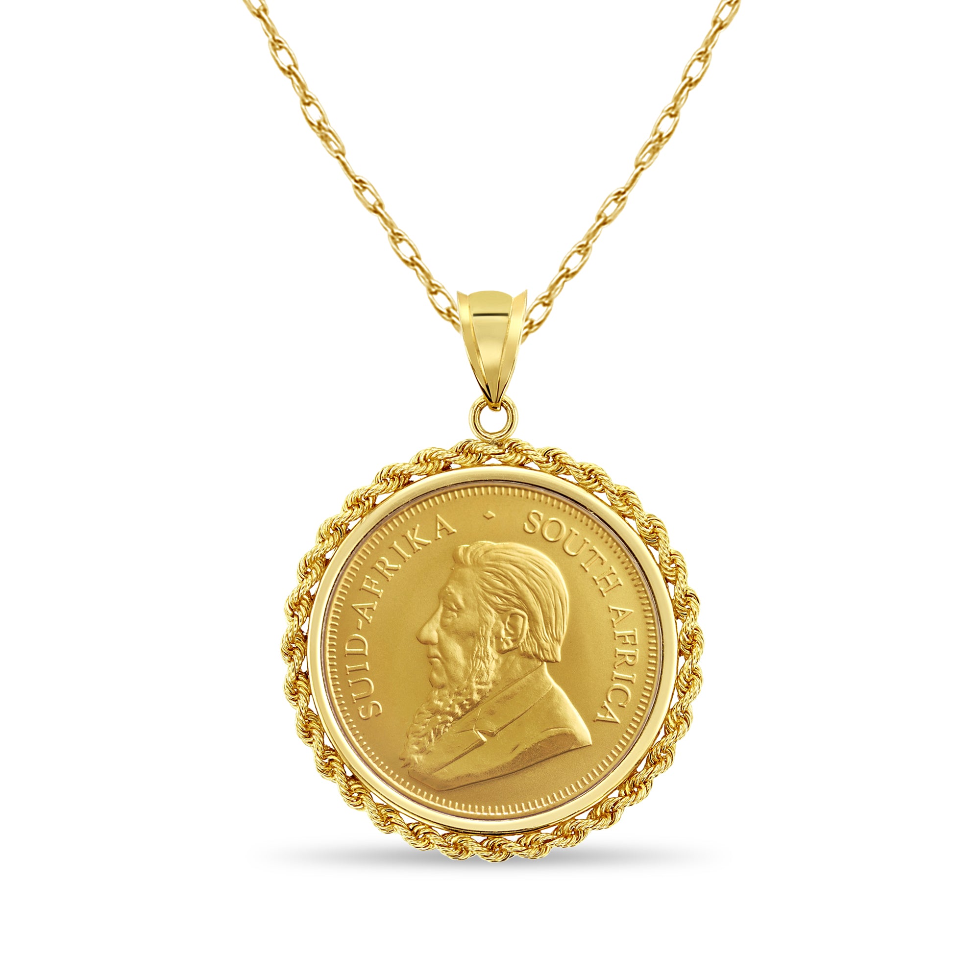 1OZ Fine Gold South African Krugerrand Coin Necklace with Rope Bezel - Luxury Jewelry for Men & Women, Perfect for Gifts, Weddings & Special Occasions