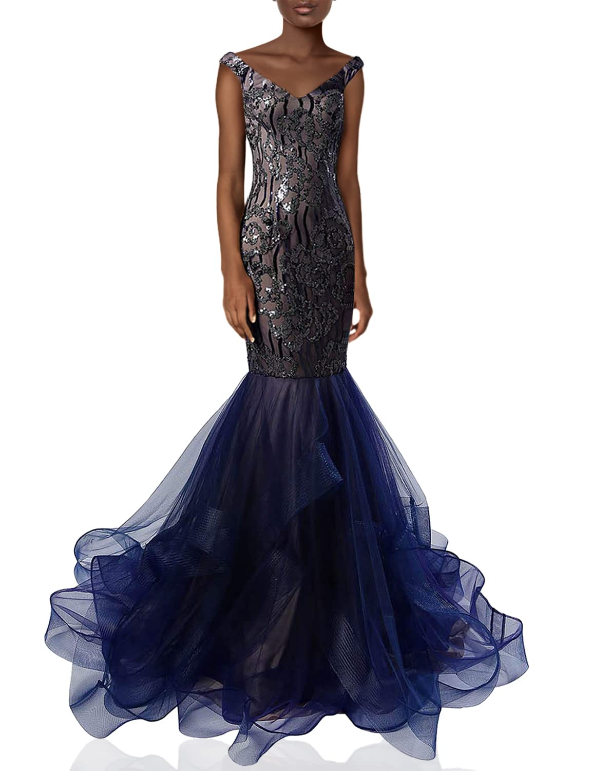 Sarahbridal Women's Tulle Mermaid Sequin Evening Dress - Elegant Formal Prom Gown Long with Train - Perfect for Wedding Guest, Cocktail Party, Red Carpet Events & Special Occasions