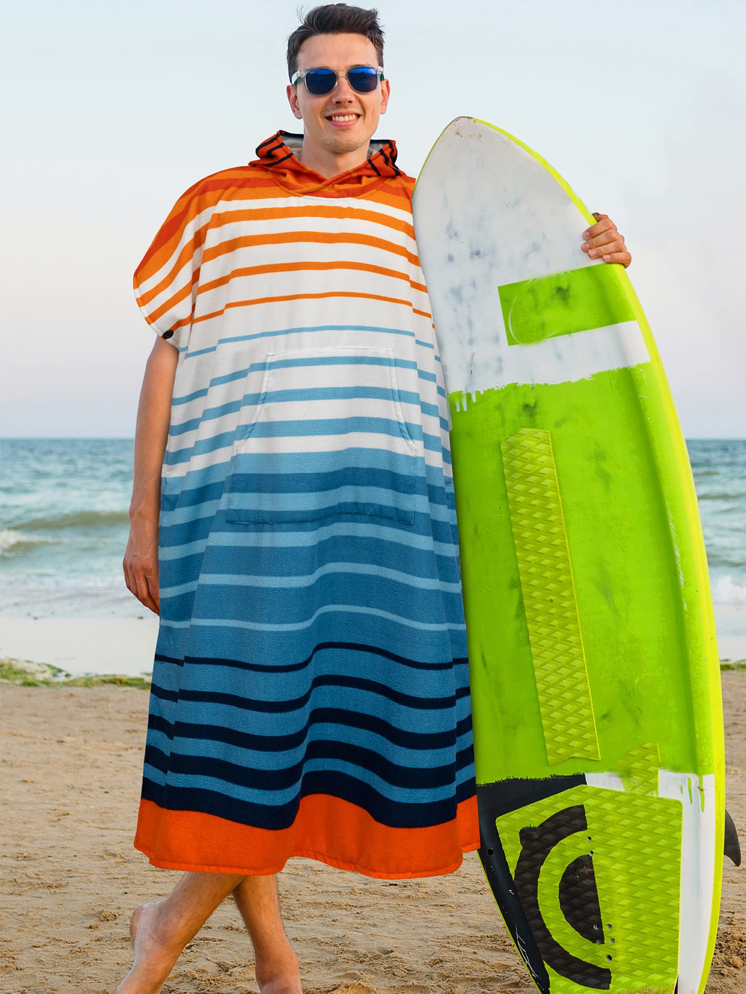 **Quick Dry Microfiber Surf Poncho Changing Robe with Hood & Pocket - Sun Cube Wetsuit Towel for Men & Women (Orange Stripe, One Size) - Perfect for Surfing, Beach, Swimming & Outdoor Activities**