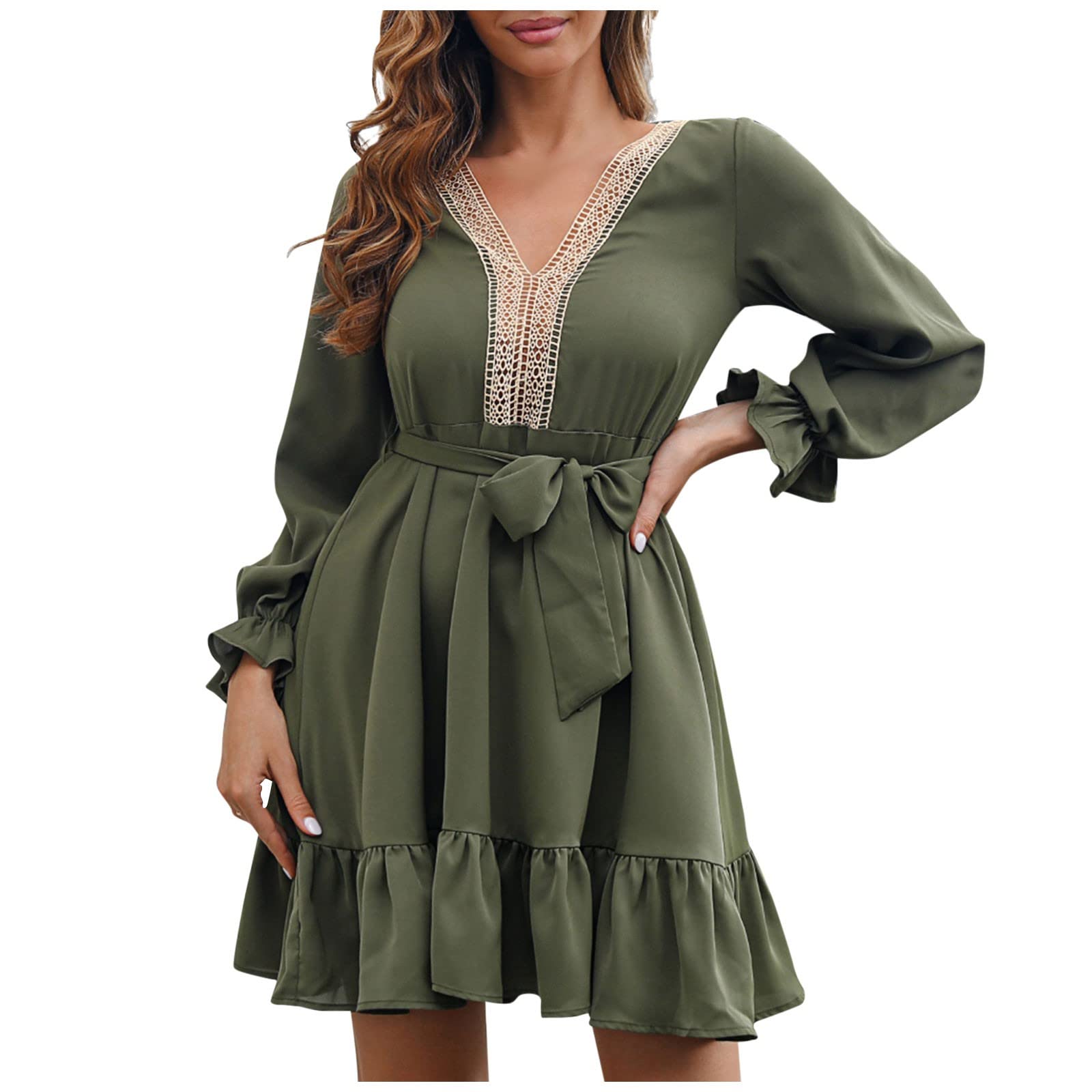 Elegant Women's Summer Cocktail Dress - Long Sleeve Lace V-Neck Ruffle Dress in Solid Colors | Perfect for Parties, Weddings & Date Nights